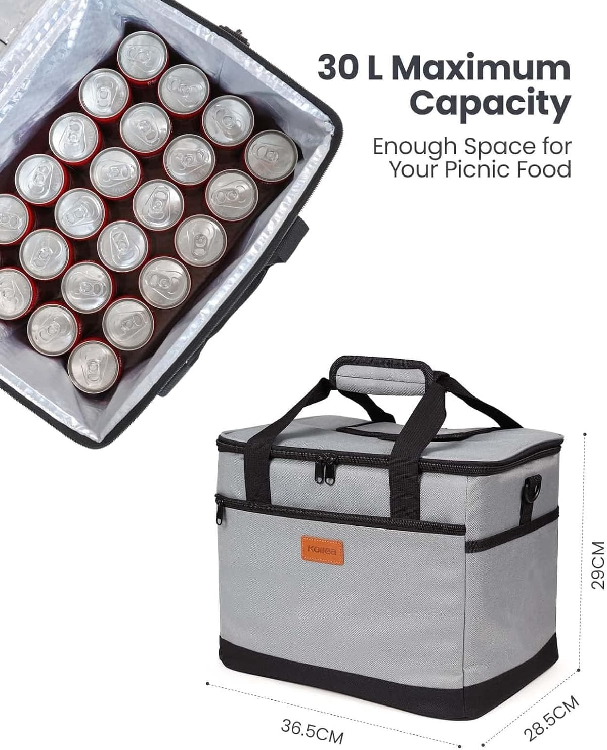 Kollea Cool Bag - 30 Litre Cool box -Insulated Cooler Bag Lunch Bag Keep Warm and Cold, Leak-Proof, With Carriying Straps, Multiple Pockets - Ideal for Travel, Camping, Picnics, BBQ — view 2