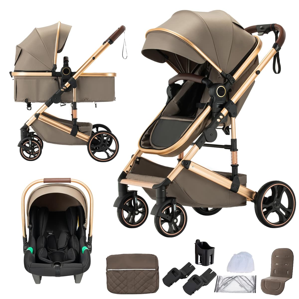 3 in 1 Baby Stroller with Height Adjustable Handle,3 in 1 Prams Travel System, Lightweight Foldable Pushchair, Prams with Aluminum Frame for Portable Baby Carriage (D2 Pink, H2-D) — view 12