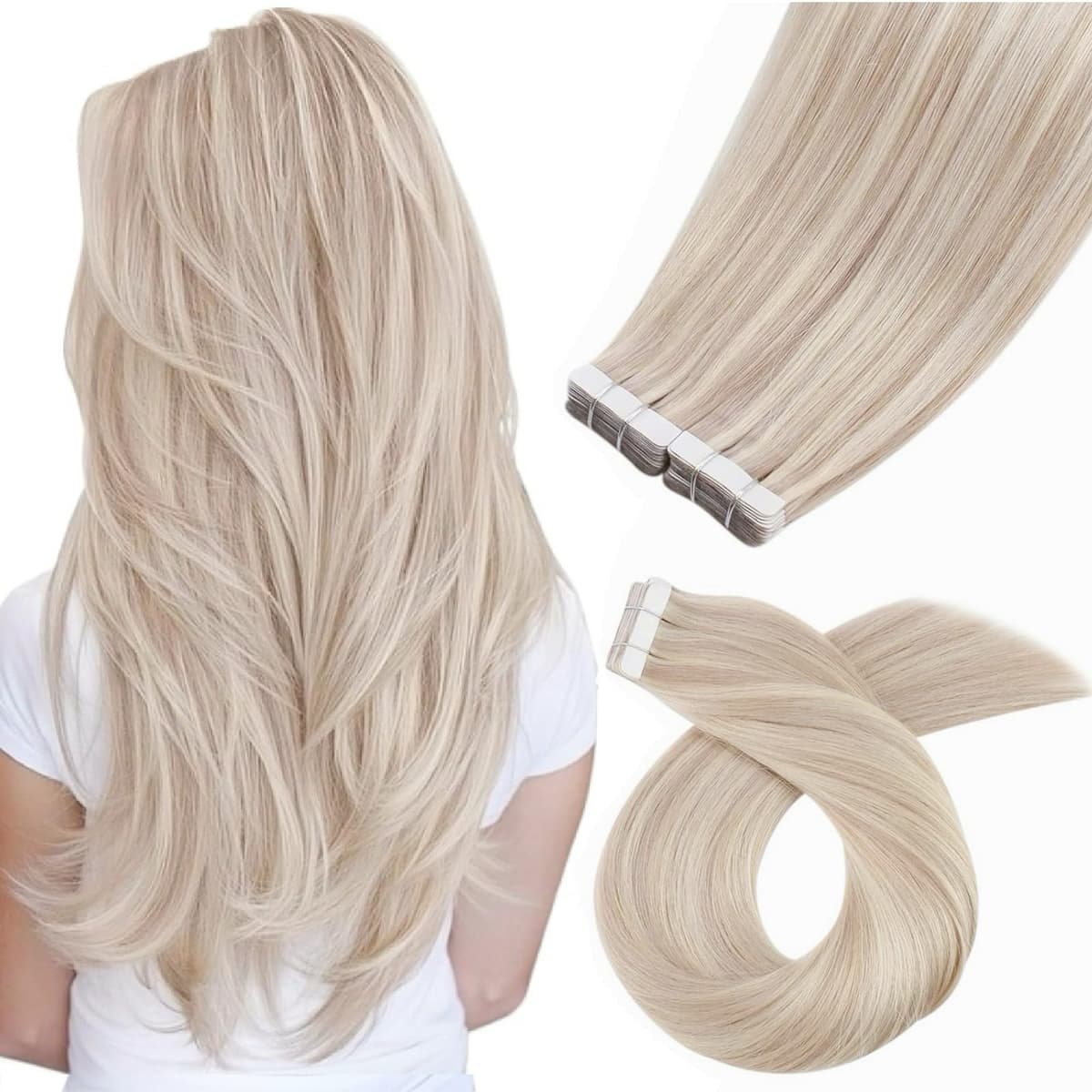 Moresoo Tape in Human Hair Extensions 20 Inch Highlight 50g/20pcs Tape in Hair Extensions Human Hair Ash Blonde with Platinum Blonde #P18/613 — view 28