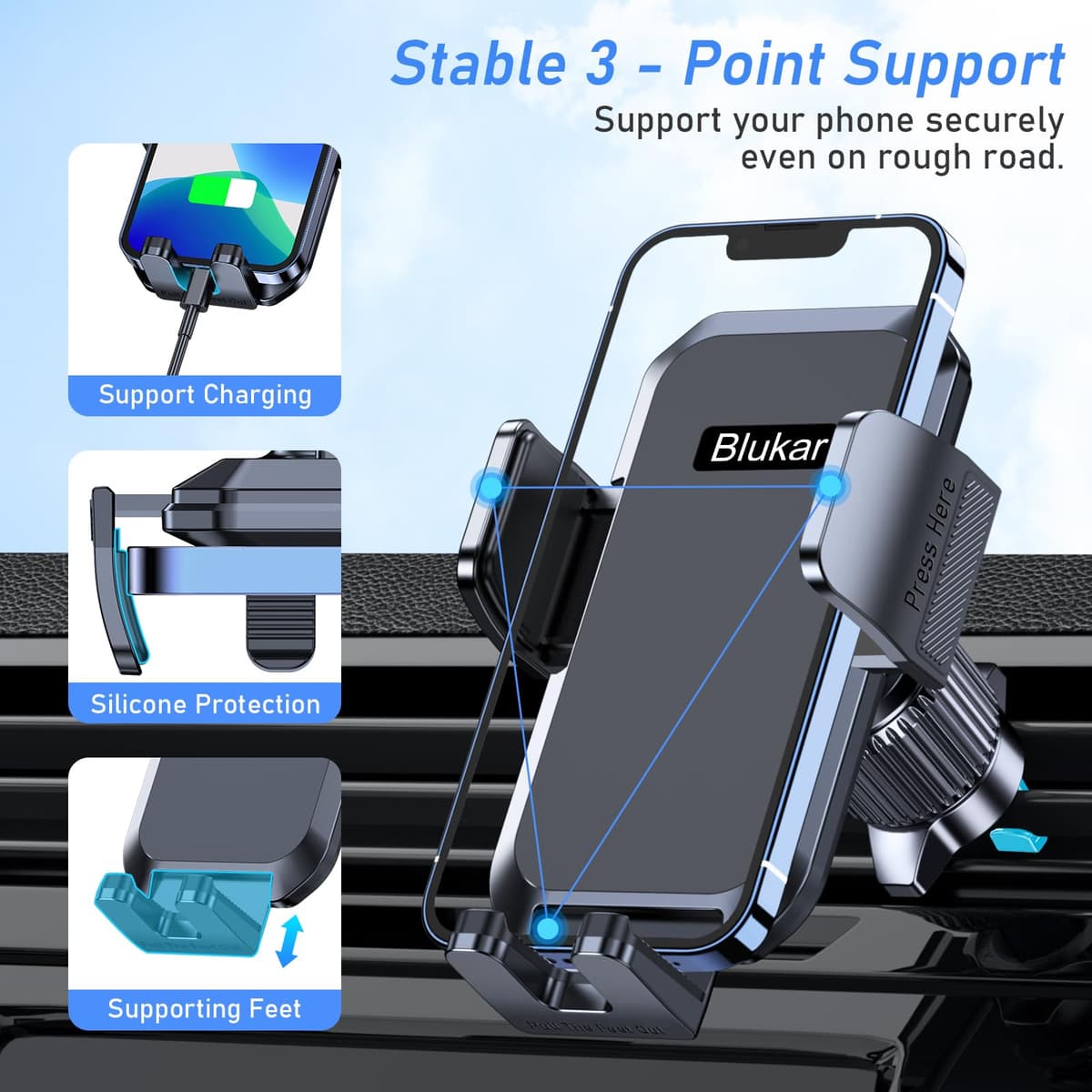 Blukar Car Phone Holder, Air Vent Car Phone Mount Cradle for 360° Rotation, Upgraded Ultra Stable Hook Clip - One Button Release Function for iPhone, Galaxy All 4.0''-7.0'' Smartphones — view 4
