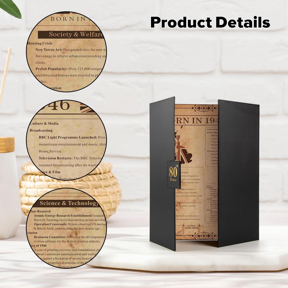 Born in 1946 UK 80th Birthday Gift Set with 3 Vintage Posters – Tri-Fold Birth Year Timeline, Dual-Fold Childhood Memories & Bonus Blank Greeting Card for Personal Messages, Retro Party Decorations — view 3