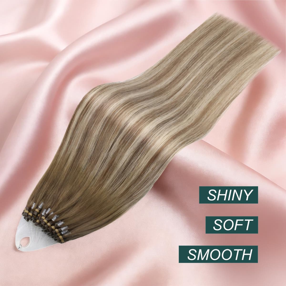 Easyouth Balayage Micro Ring Hair Extensions Ombre Human Hair Micro Beads Hair Extensions Real Human Hair Dark Brown to Light Brown and Medium Blonde Micro Link Human Hair Extensions 16 Inch 50g/50s — view 2