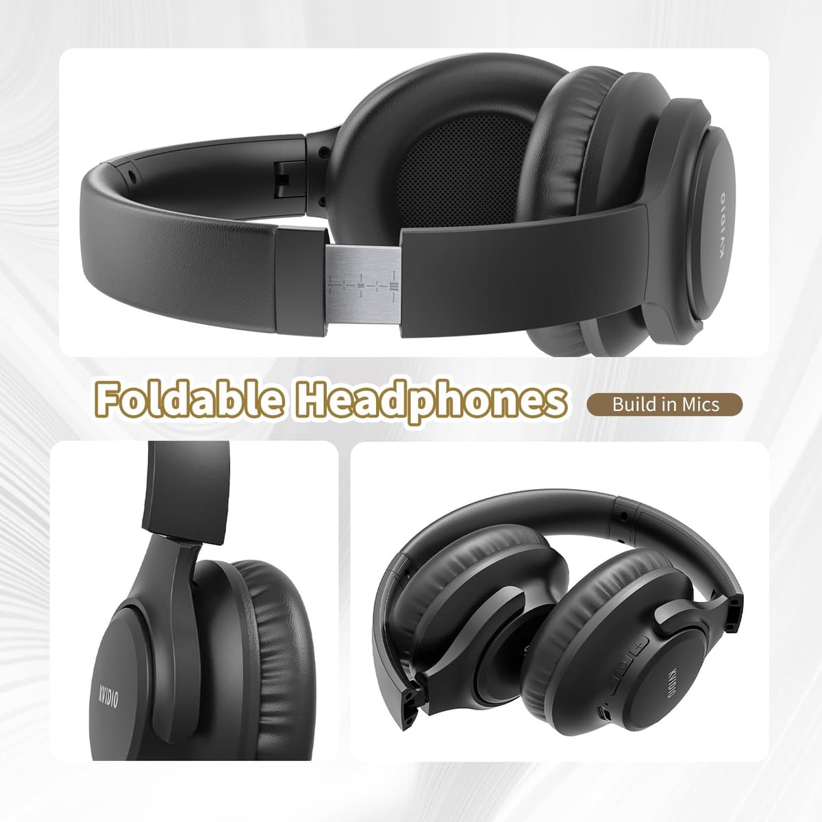 KVIDIO Bluetooth Headphones Over Ear, 65 Hours Playtime Wireless Headphones with Microphone, Foldable Lightweight Headset with Deep Bass,HiFi Stereo Sound for Travel Work PC Cellphone (Black) — view 7