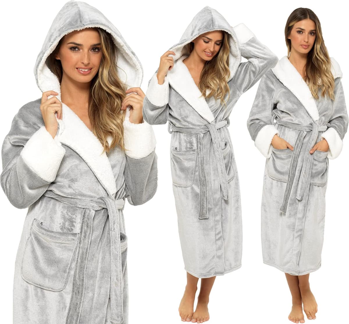 KATE MORGAN Ladies Dressing Gown Fluffy Super Soft Hooded Bathrobe for Women Plush Fleece Perfect Loungewear Long Robe | Gifts for Women — view 3