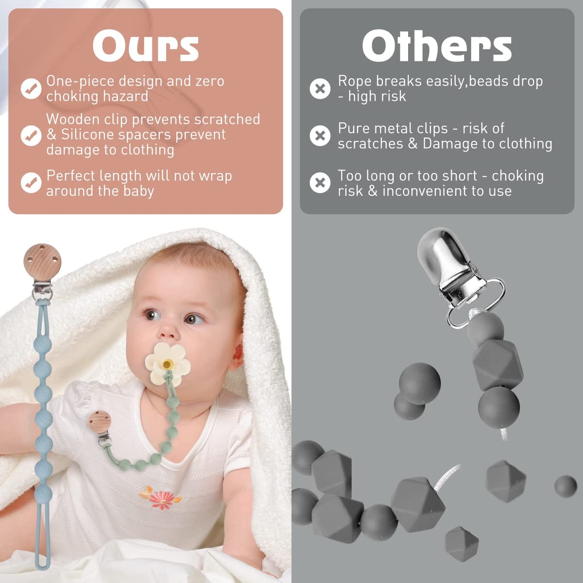 Silicone Dummy Clip for Baby Boys and Girls, One Piece Pacifier Clips, Wooden Soother Clips Design, Fits Most Pacifiers and Teething Toys, 2 Pack (Sage+Ether) — view 3