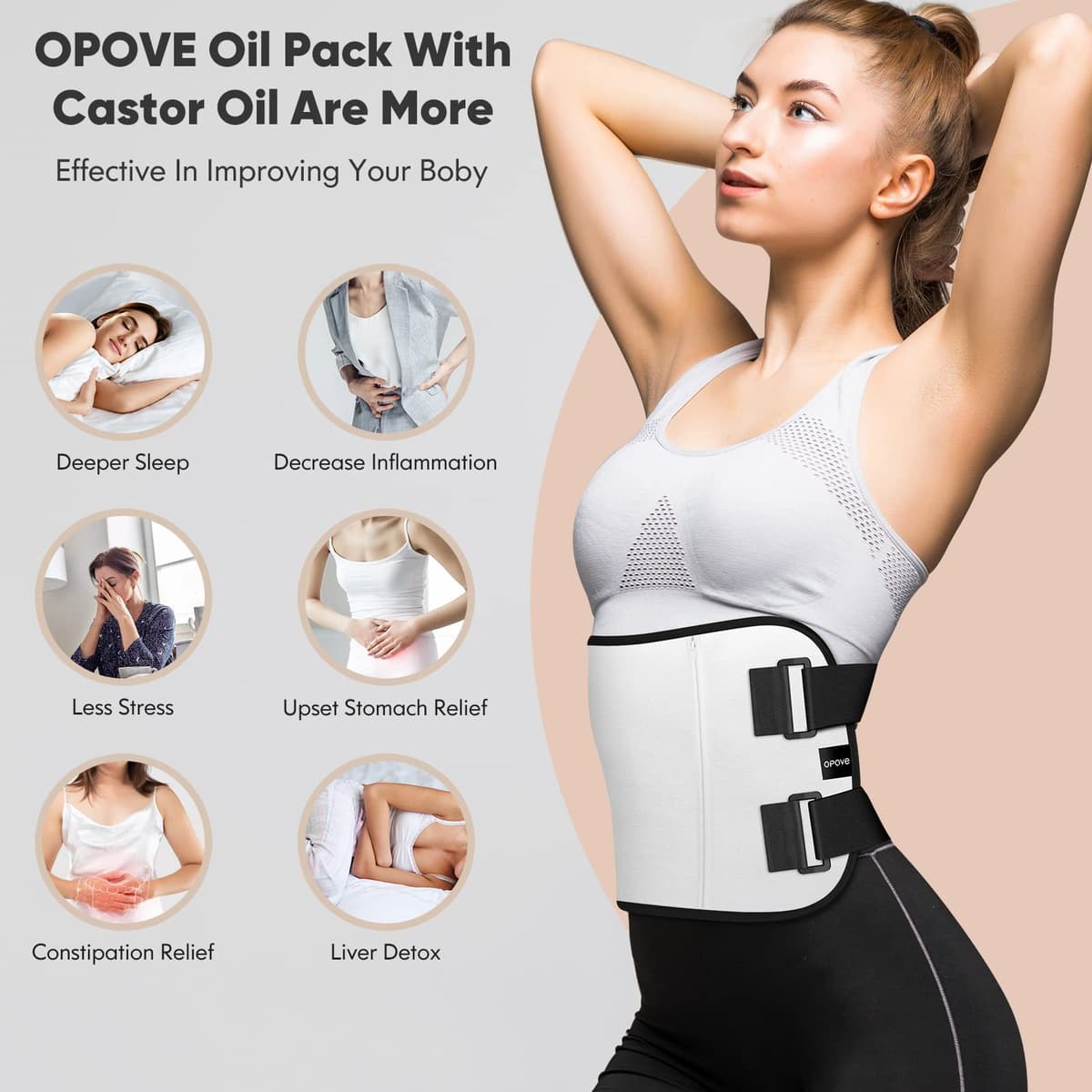 opove Castor Oil Organic, Pack Wrap. Wrap for Liver Detox Thyroid Stomach Kit Caster Packs Waist Neck Unisex- Less Mess, Reusable (Castor Included) White — view 3