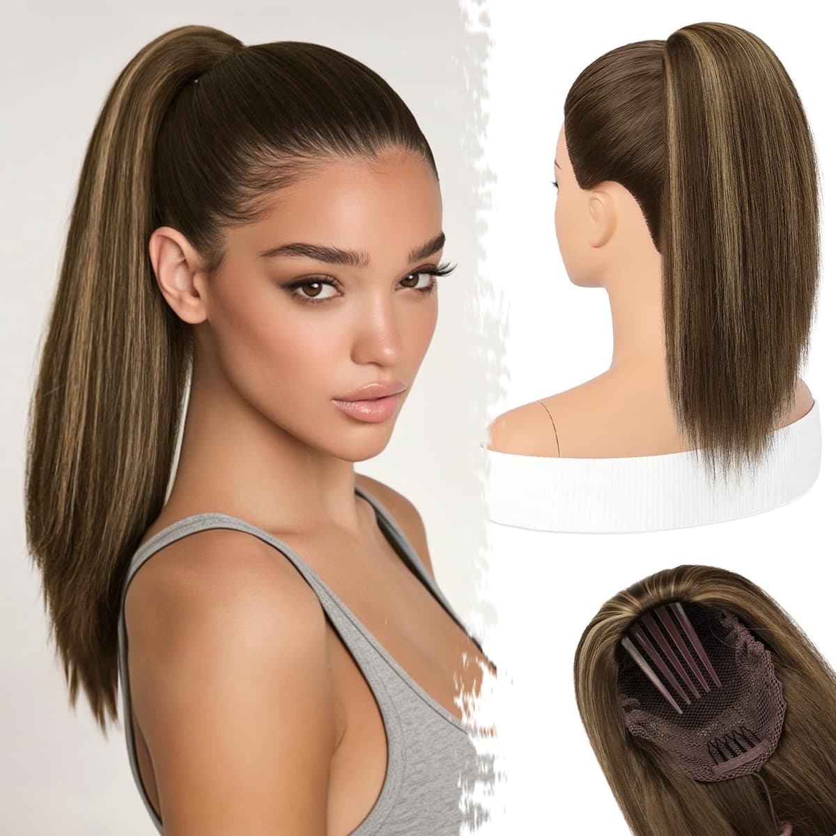 BARSDAR Straight Drawstring Ponytail Extension - 16 Inch Short Straight Ponytail Extension Natural Soft Synthetic Cheer Posh Pony Tails Hairpieces Daily Party Cheer Competition, Brown with Blonde