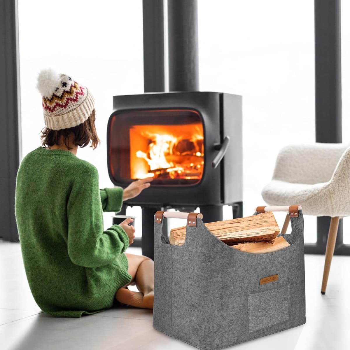 Leñero interior XL cesta de fieltro de fieltro extra grueso y asa reforzada | Cesta leña plegable bolsa de fieltro para la compra, leña, periódico o leña(gris tórtola) — view 5