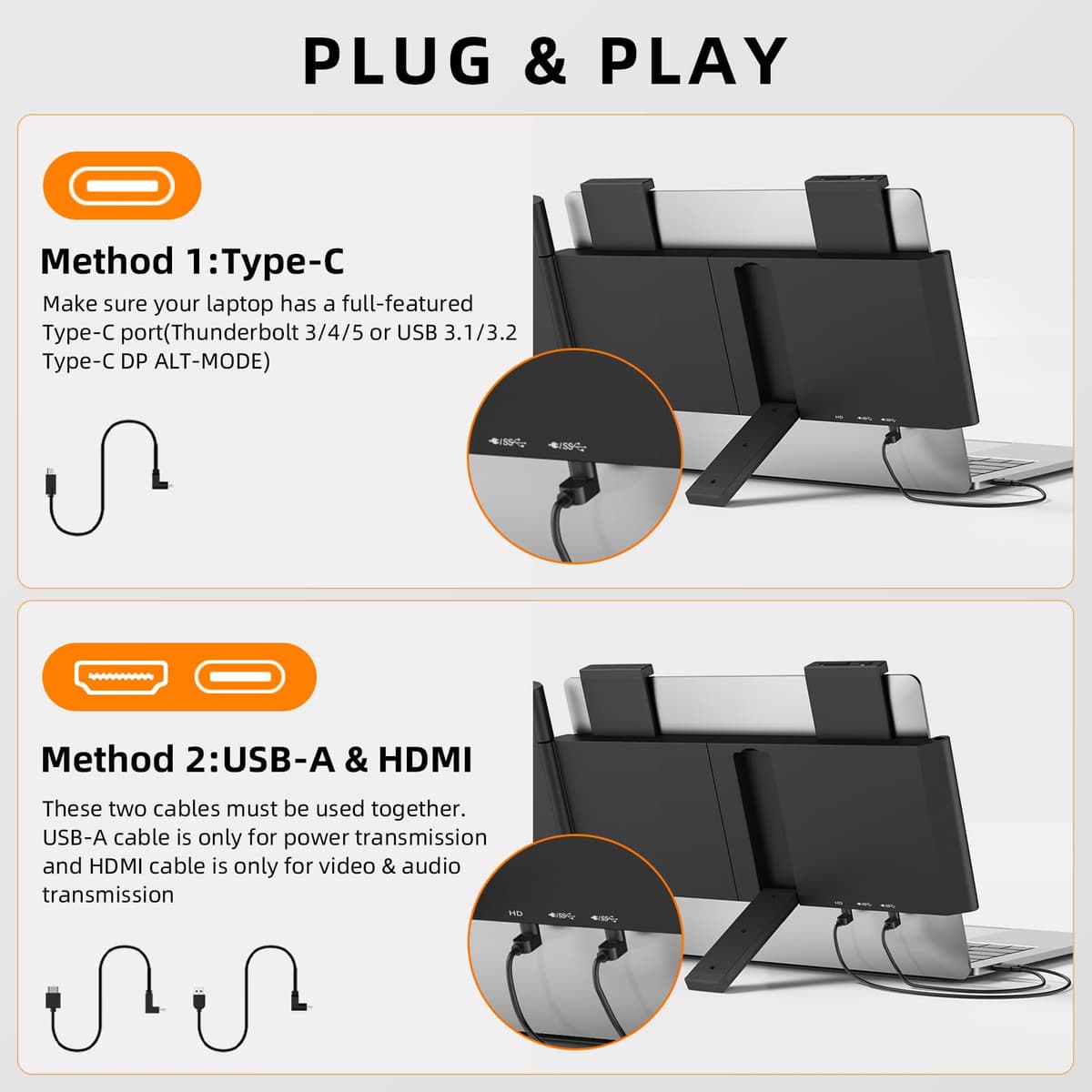 Laptop Screen Extender, 14" 1080P Portable Monitor, Type-C HDMI Plug and Play for 13.3" - 16.1" Laptops, 270° Rotation Attachment Display for Windows/MacOS/Chrome Laptop Phone — view 6