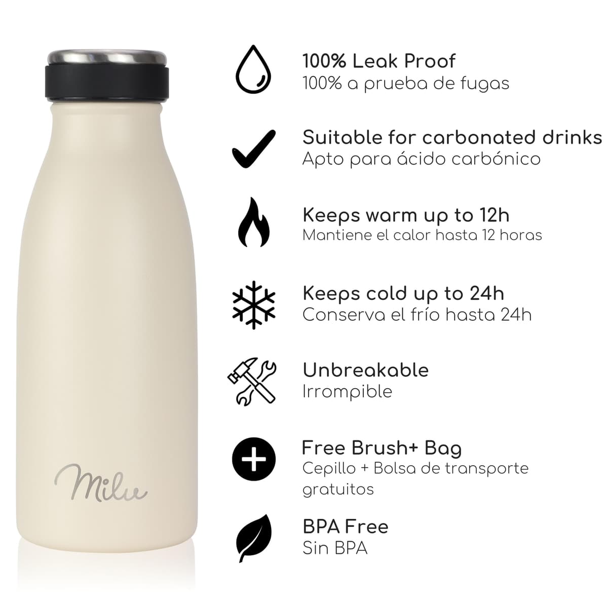 Milu Botella de acero inoxidable de 350ml 500ml 750 ml 1 L 1,5 L botella de agua aislada, termo a prueba de fugas, doble pared, apta para ácido carbónico + cepillo de limpieza (Azul Violeta, 350ml) — view 75