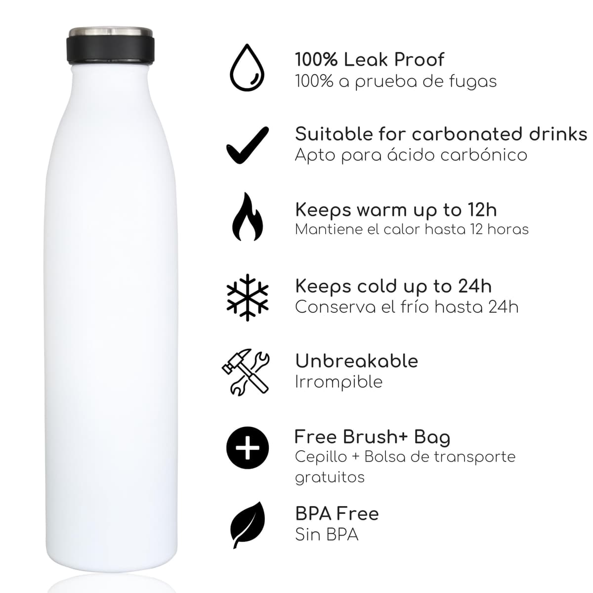 Milu Botella de acero inoxidable de 350ml 500ml 750 ml 1 L 1,5 L botella de agua aislada, termo a prueba de fugas, doble pared, apta para ácido carbónico + cepillo de limpieza (Azul Violeta, 350ml) — view 106
