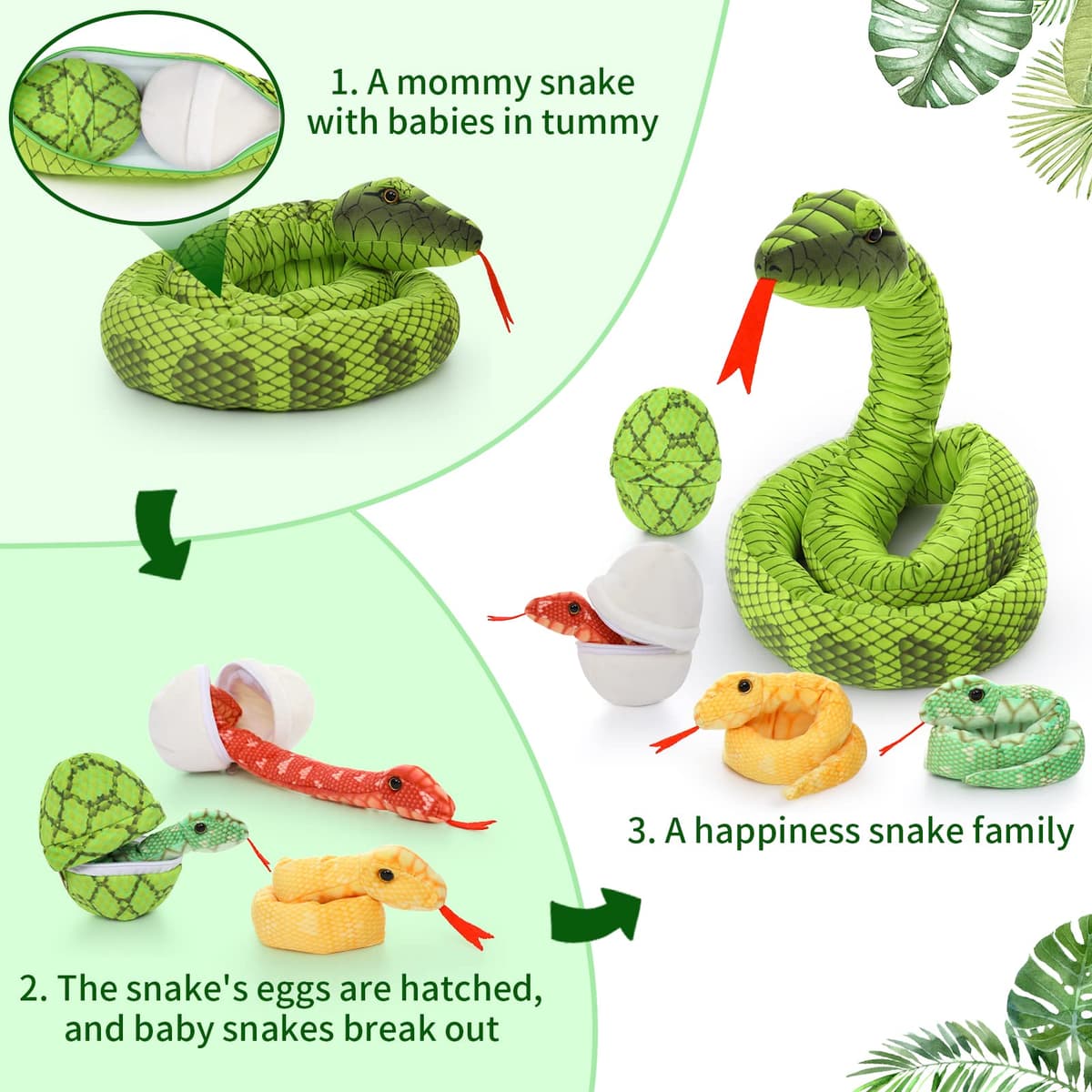 MorisMos Giant Snake Teddy Stuffed Animal, 200cm Green Mom Snake Plush with kawaii Baby Inside, Cuddly Big Soft Toy Large Fluffy Gift for Kids Birthday Valentines Deco — view 3