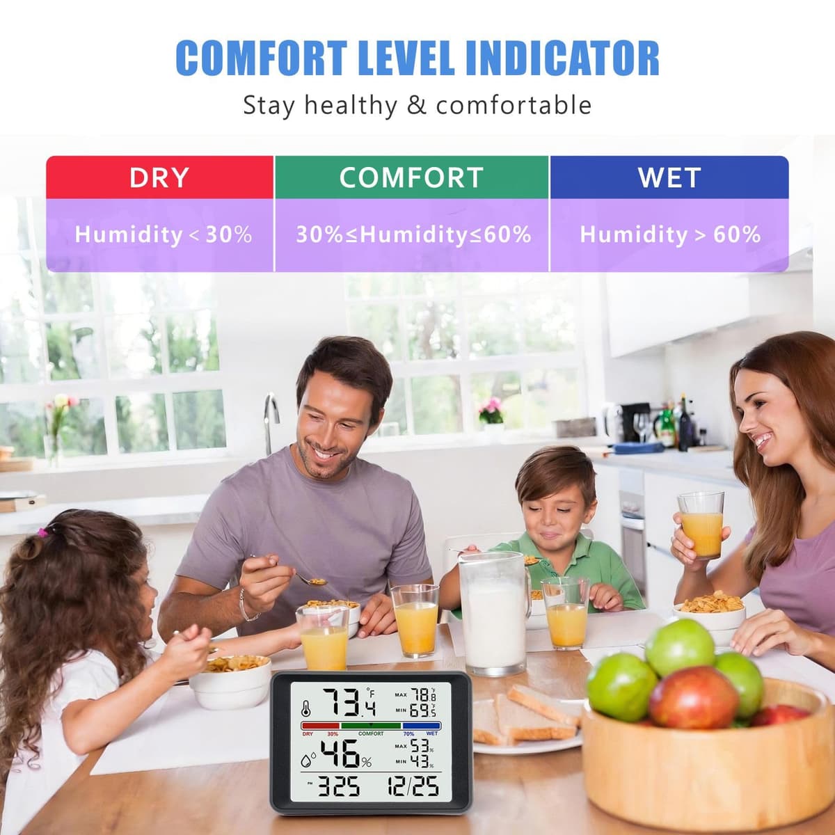 Digital Thermometer Hygrometer, Plumeet Indoor Wall Thermometer with Backlight, Digital Alarm Clock, Date, Air Comfort Indicator, Max Min Record, Desktop Thermometer for Home, Black — view 4