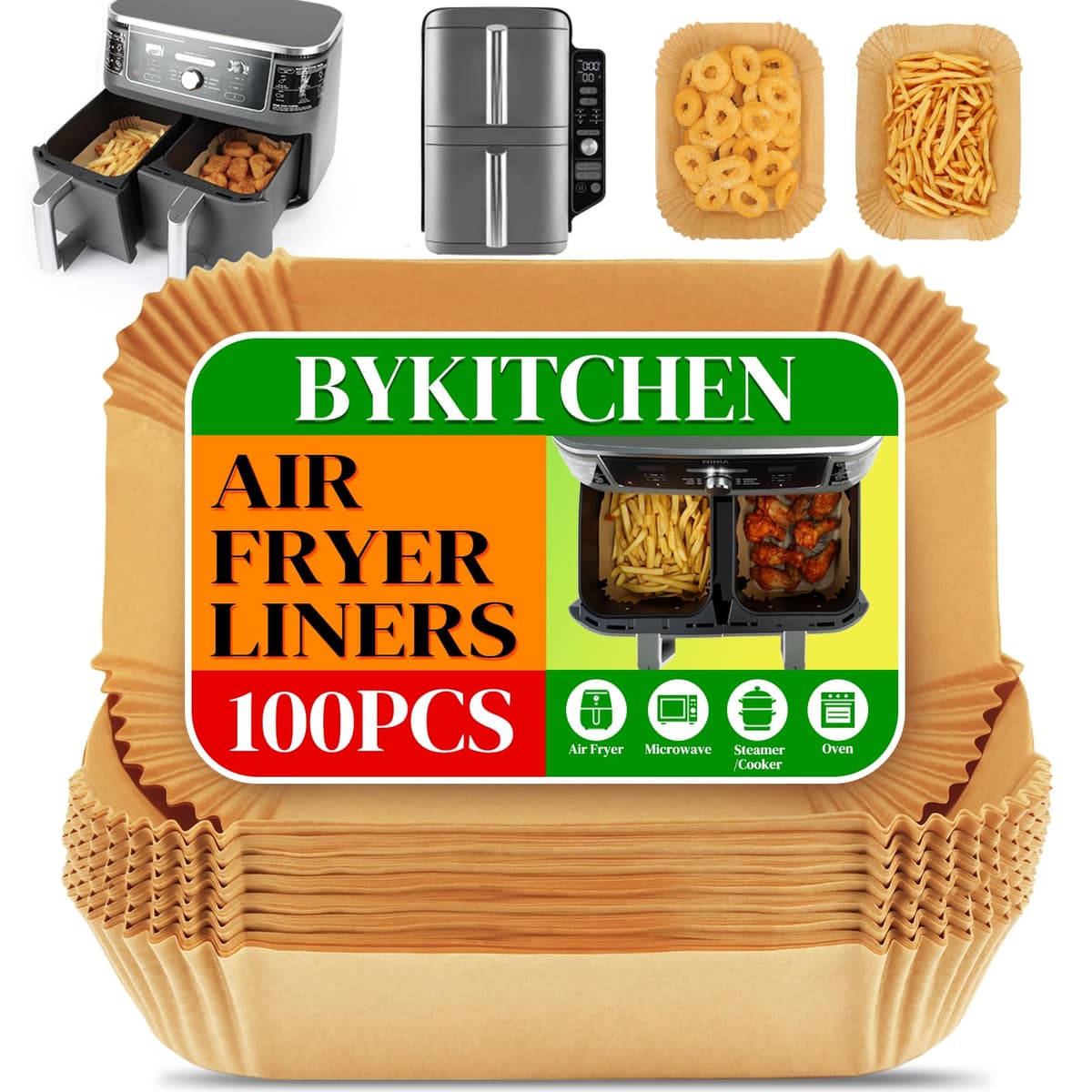 BYKITCHEN 100pcs Air Fryer Liners for Ninja Dual, Air Fryer AF300UK AF400UK Accessories, Disposable Parchment Paper Liner, Compatible with Ninja, Salter, Tower and Other Dual Zone Air Fryer