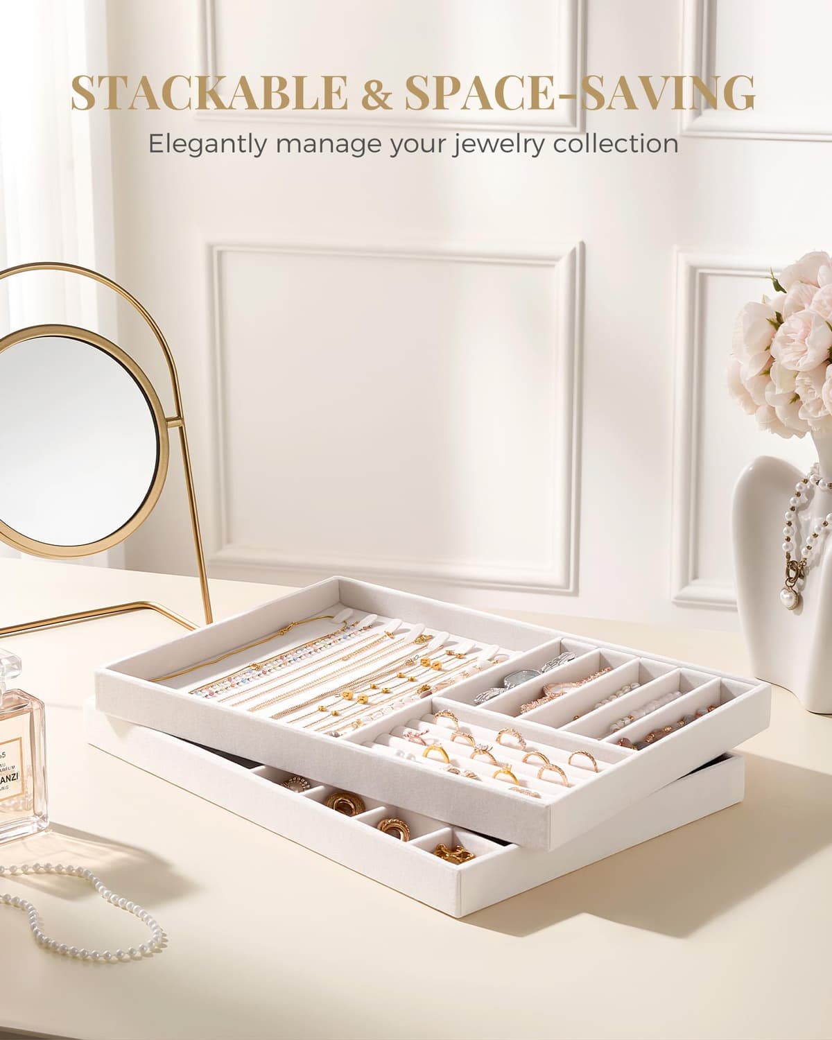 Lolalet Insertos para Cajón de Joyas, Bandejas Apilables de Terciopelo, Juego de Organizadores y Expositores para Collares, Pulseras, Aretes, Anillos, Cadenas, Brazaletes, Relojes - Beige, Juego de 2 — view 3