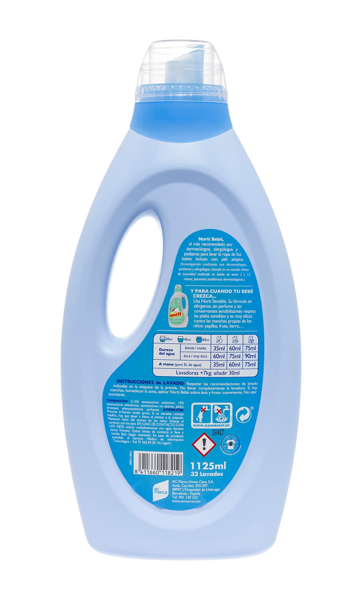 NORIT Bebé - Detergente Líquido para Ropa de Bebé, Pieles Sensibles y Atópicas - Pack de 4 Unidades de 1125 Mililitros, 4500 Mililitros — view 2
