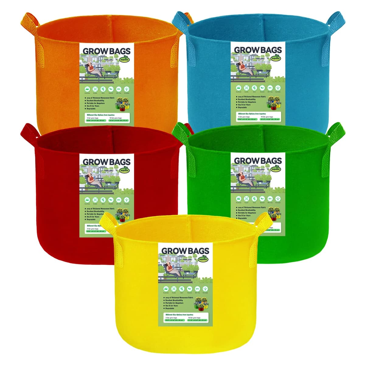 5Pcs 10 Gallon Grow Bags, Colorful Fabric Plant Grow Bags, Felt Fabric Pots Garden Bags Tomato Planter for Vegetables Flowers