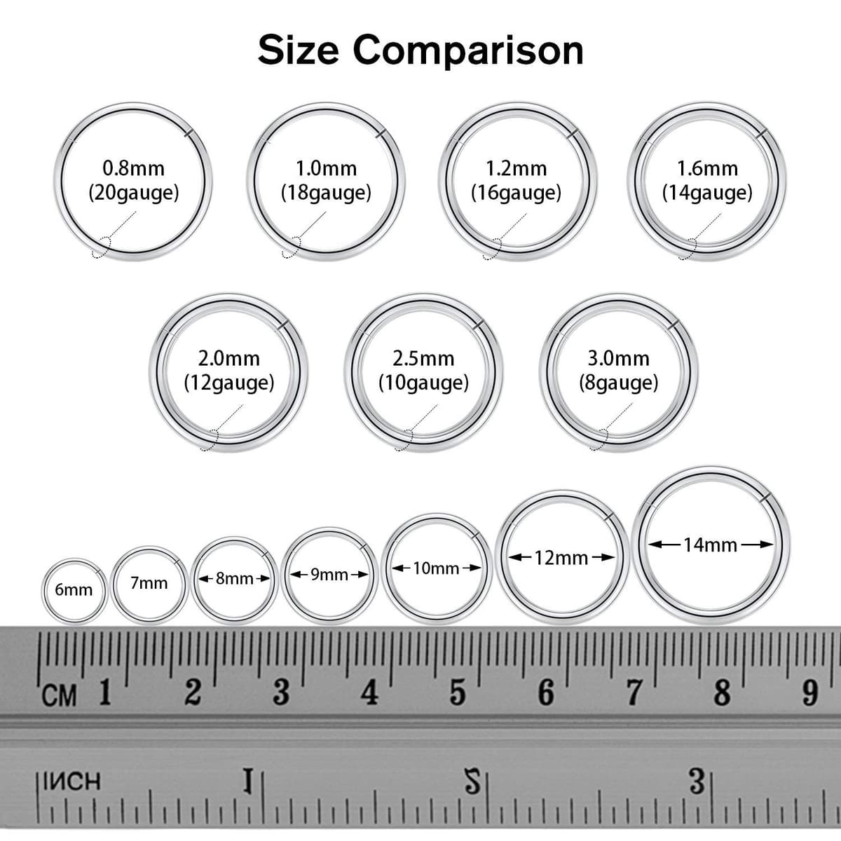 AROWRO 316L Surgical Steel Hinged Nose Rings Hoop 20G 18G 16G 14G 12G 10G 8G 6G 4G Seamless Piercing Rings for Nose Septum Cartilage Helix Tragus Conch Rook Daith Lobe Diameter 6mm to 14mm — view 5
