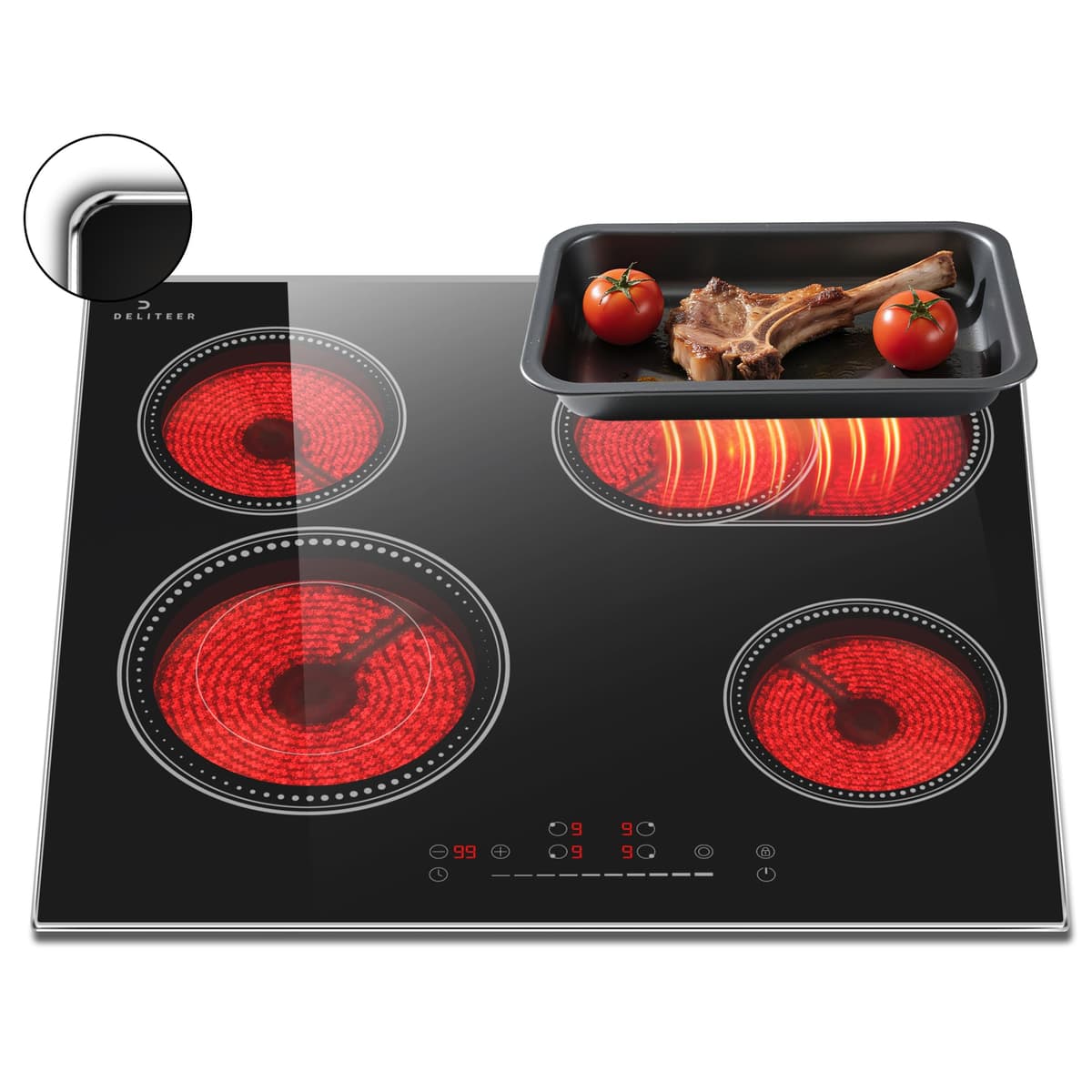 Electric Hob 60cm, 4 Zone Ceramic Hob 6600W, Built-in 60cm Electric Ceramic Hob with Oval Zond and Double-ring burner, 99 Mins Timer, No Plug