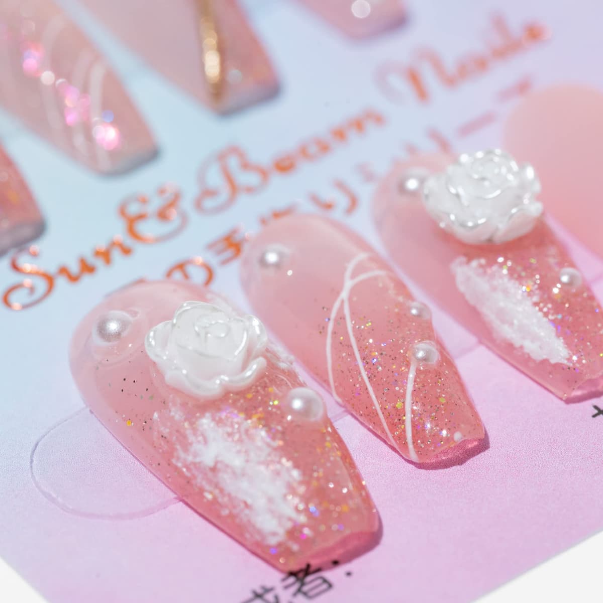Sun&Beam Nails Handmade Press On Nail Long Coffin Ballerina Pink Flower Acrylic Fake Tip 3D Design Art Charms Cute with Storage Box 10 Pcs (S) — view 369