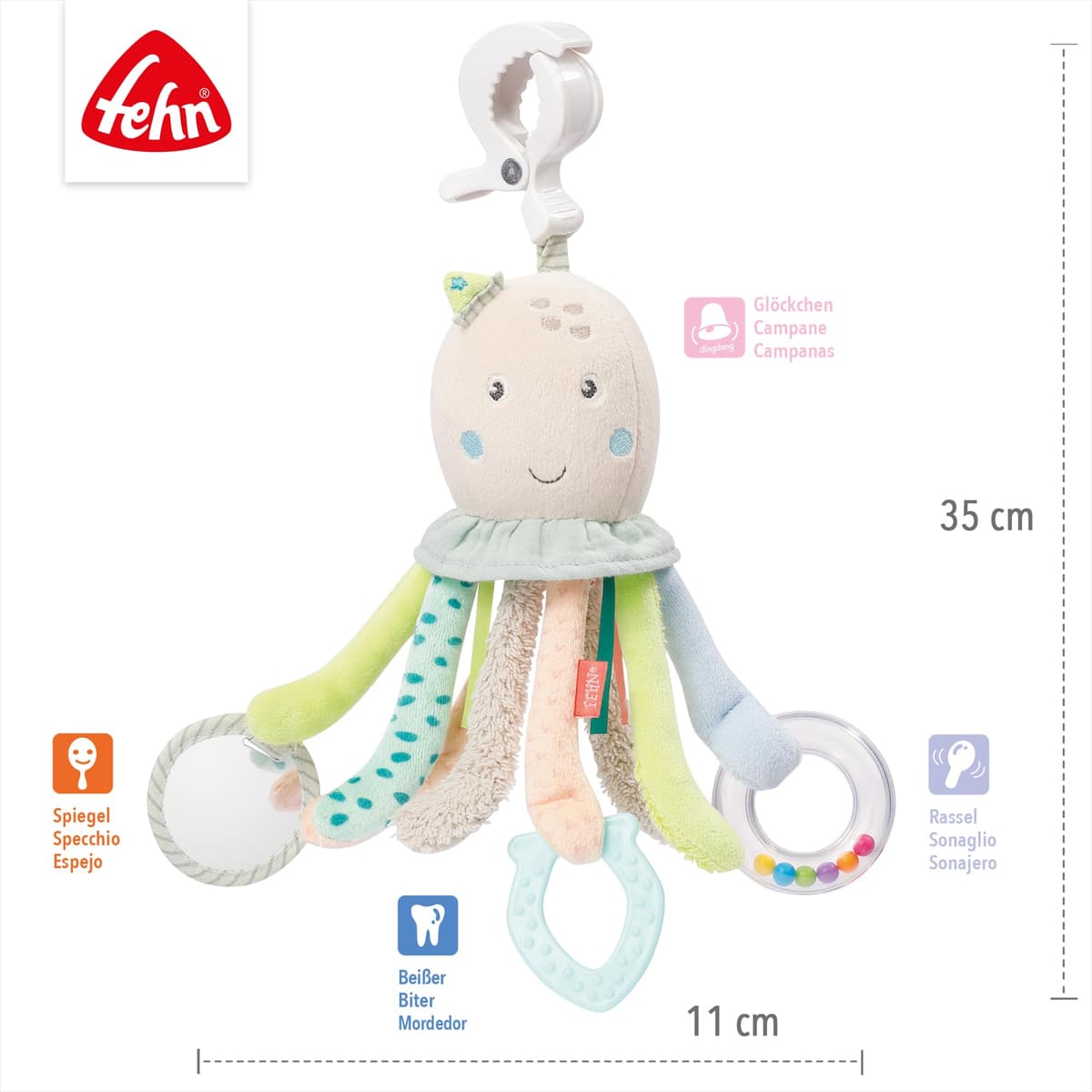 Fehn pulpo de actividades - juguete para desarrollar la motricidad para cochecitos, cunas y sillas de bebé - para morder, agarrar y hacer ruido - Para bebés y niños pequeños a partir de 0 meses — view 4
