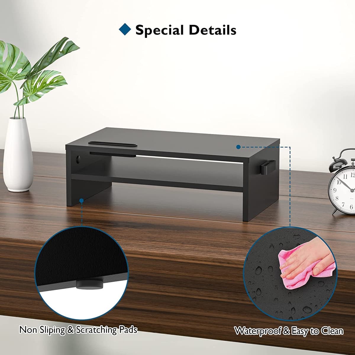 BONTEC Soporte Monitor Mesa Elevador Monitor Soporte Monitor Ordenador 2 Niveles Negro, W420 x D235 x H142mm con Soporte para Teléfono Inteligente y Gestión de Cables — view 4