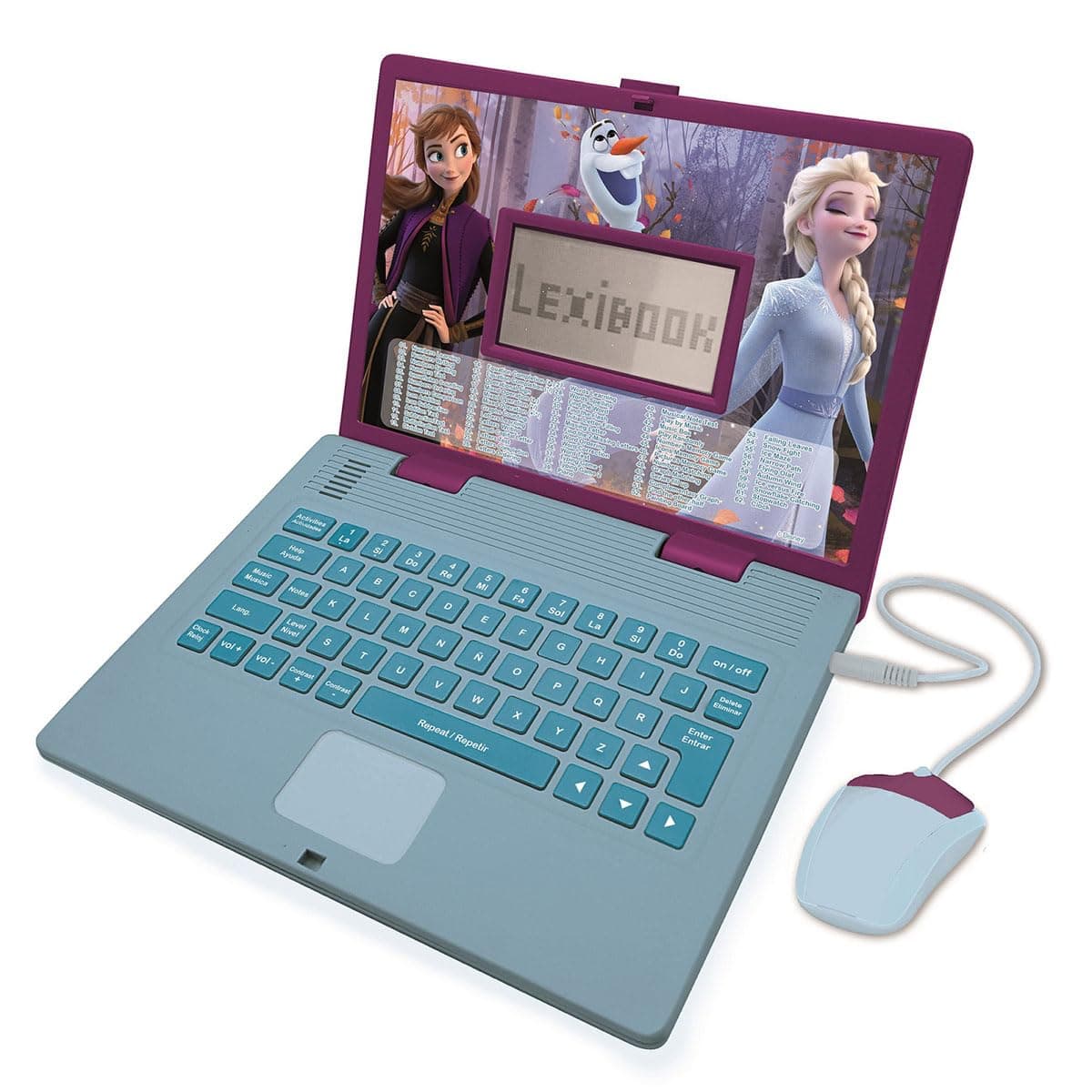 Lexibook, Frozen, Ordenador Educativo y bilingüe en español/inglés, Juguete para niñas con 124 Actividades para Aprender, Jugar y Escuchar música con Elsa y Anna, Azul/Púrpura, JC598FZi2