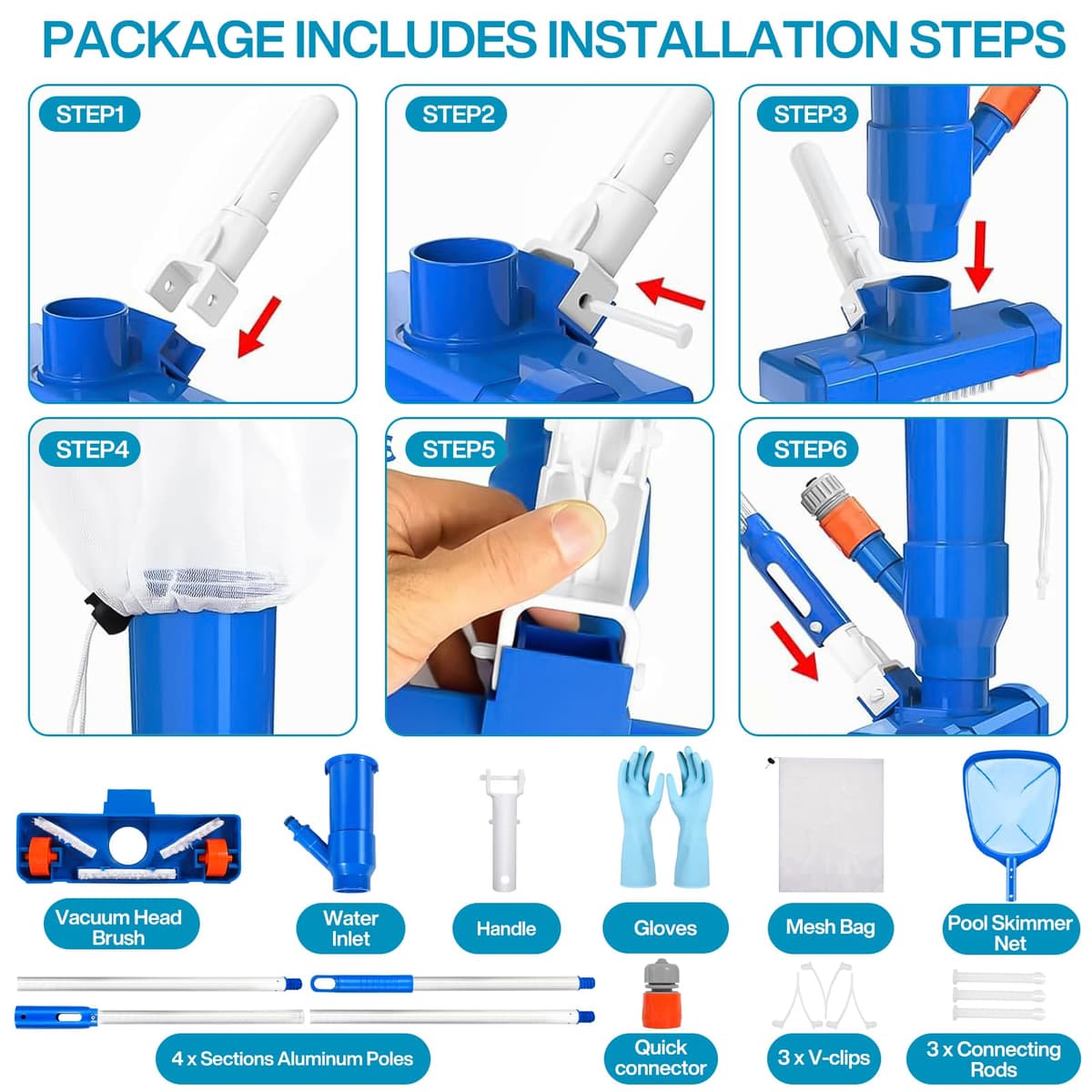 Aspirador de Piscina, Aspiradoras de Mano para Piscinas con 4 Postes de Aluminio Extraíbles y Skimmers para Piscinas, Kit de Limpieza Piscina para Bañera de Hidromasaje de Fuente de Piscina — view 3