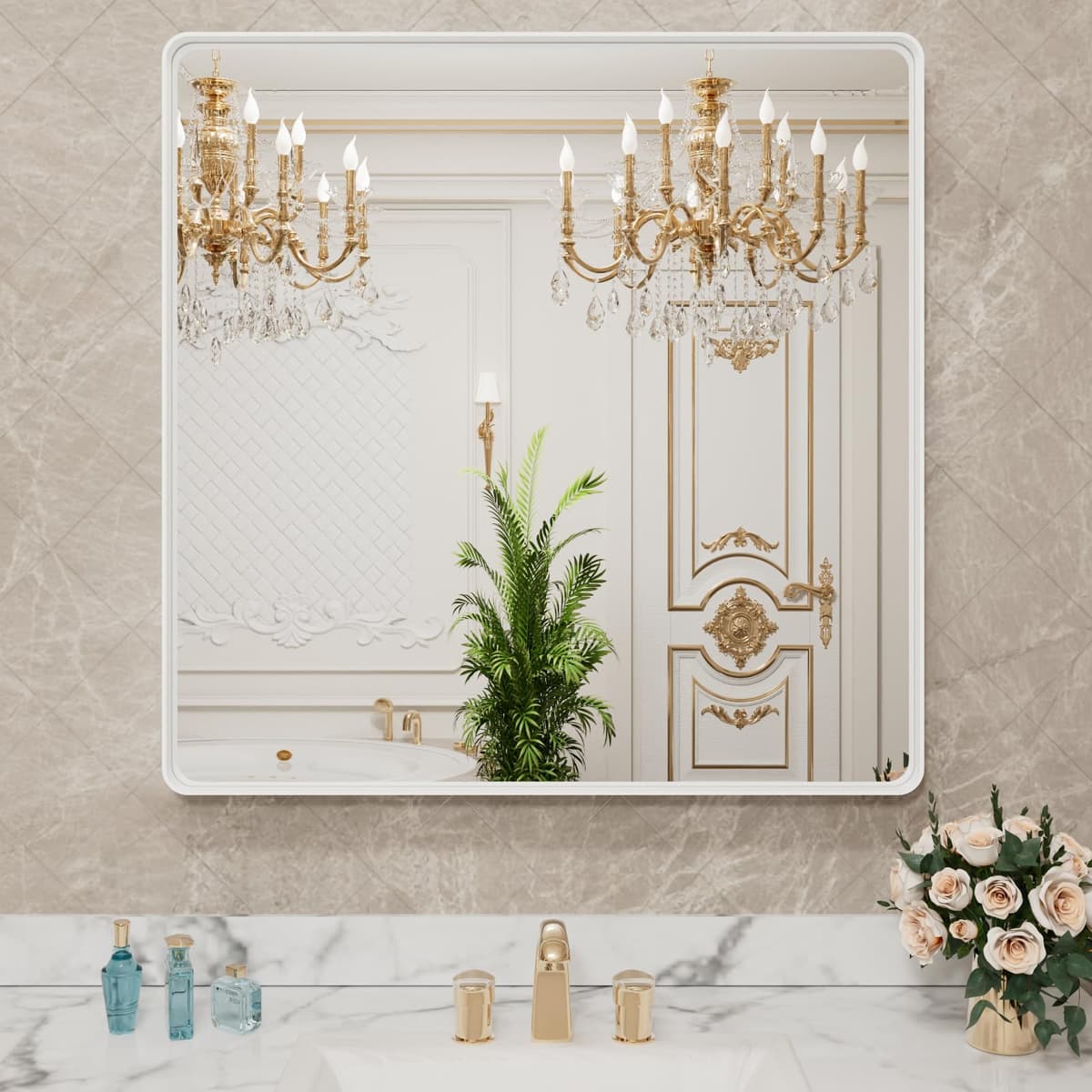 LOAAO 48”X36” Gold Bathroom Mirror, Rounded Rectangle Gold Frame Mirror, Brushed Gold Bathroom Vanity Mirror Wall-Mounted, Anti-Rust, Tempered Glass, Hangs Horizontally or Vertically — view 74