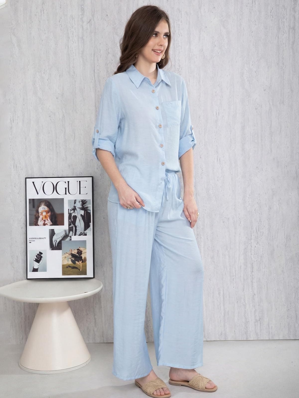 Adigaber Chándal de Manga Larga para Mujer Camisa con Botones y Holgado Cintura Alta Pierna Ancha Cordón Pantalones con Bolsillos — view 4