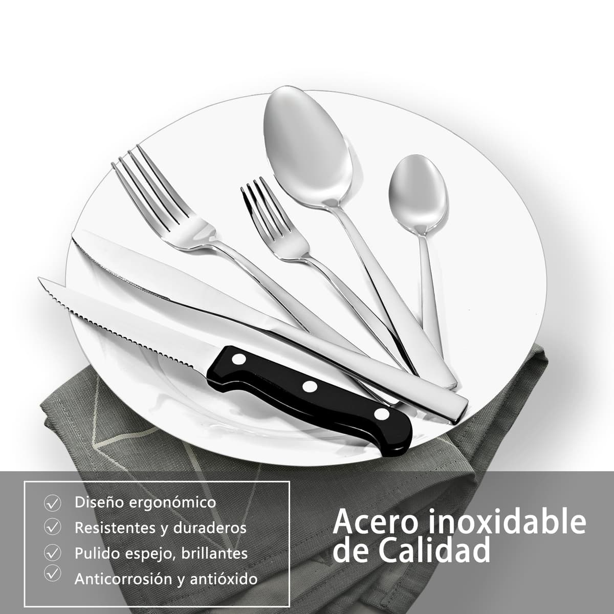Cubiertos Acero Inoxidable 36 Piezas - Juego de Cubiertos para 6 Personas Cubertería Completa con Cuchillos de Carne, Cuchillos de Mesa, Tenedores y Cucharas - Diseño Moderno Apto Lavavajillas — view 3