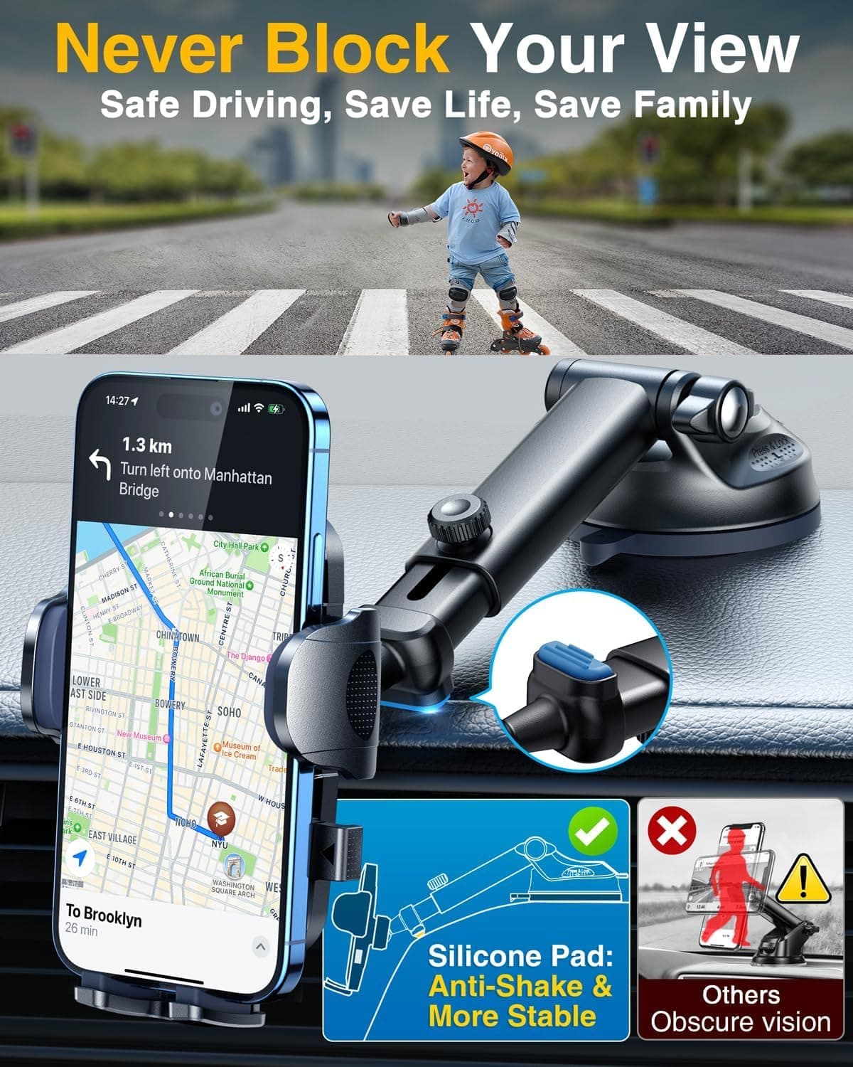 YRU [True Military-Grade & 360° Rotatable Suction 2026 Ultimate Car Phone Holder Mount【90+LBS Safest Strongest & Patent Certs】 Dashboard Windscreen Vent for iPhone 17 16 Pro Max Samsung, Pure Black — view 5