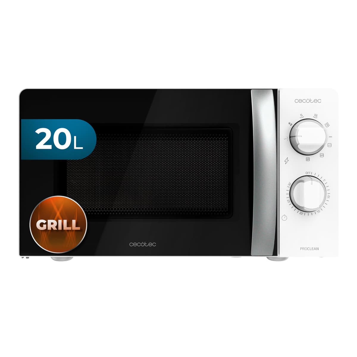 Cecotec Microondas con Grill ProClean 2110. 700W con 6 Niveles de Potencia, Capacidad 20 L, Función Grill, Tecnología 3DWave, Modo Descongelación, Temporizador hasta 30mins