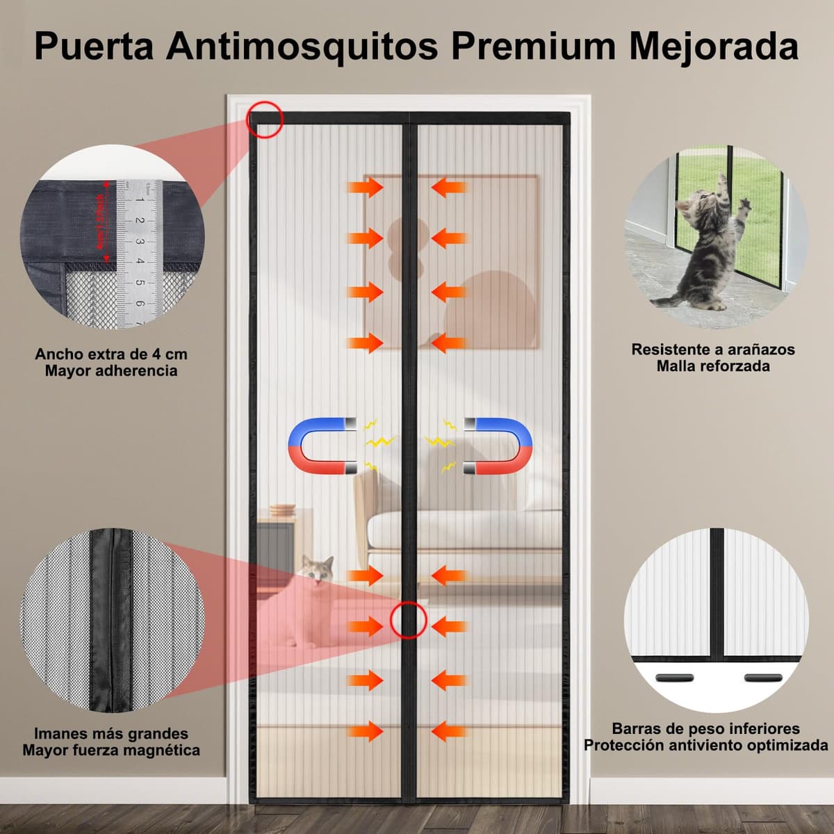 Mosquitera Puerta Magnética 60x200 cm, Cierre Automático, Instalación Sin Taladrar, Cortina Mosquitera Puerta Exterior Resistente al Viento, Tallas Múltiples (Negro) — view 2