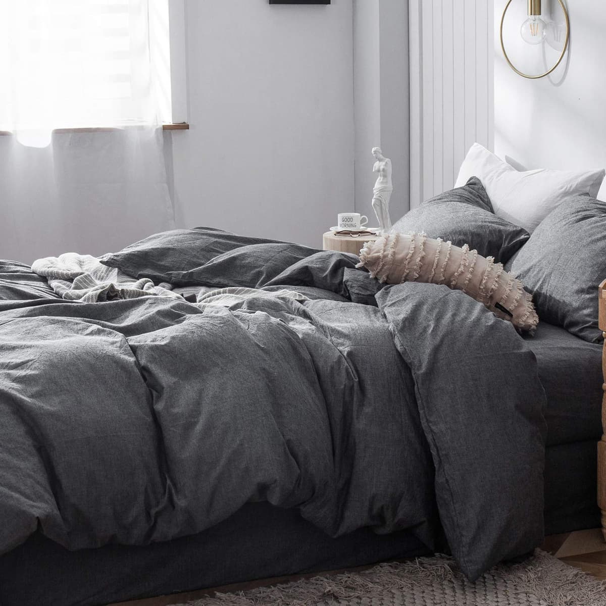 MooMee Bedding Duvet Cover Set 100% Washed Cotton Linen Like Textured Breathable Durable Soft Comfy (Tannish Linen Grey, King) — view 266