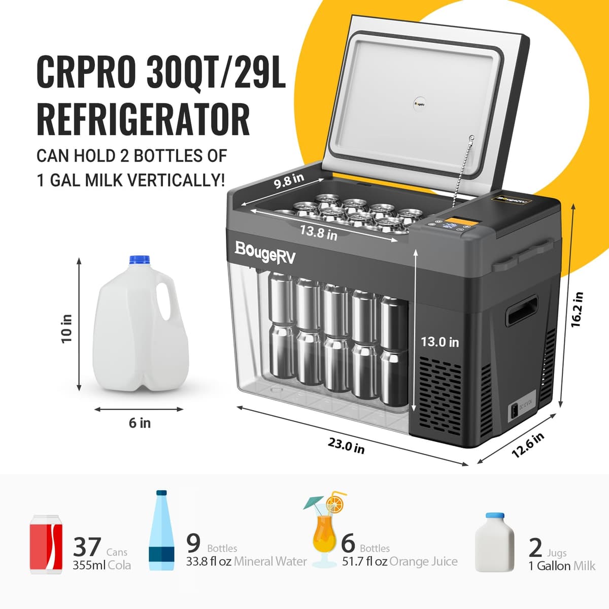 BougeRV CRPRO 12V Compressor Fridge Freezer 29L Car Fridge Portable Car Refrigerator 12/24V DC 110-240V AC for Camping Outdoor Travel Campervan RV Boat Home, -22℃ to 10℃, Battery Not Included — view 3