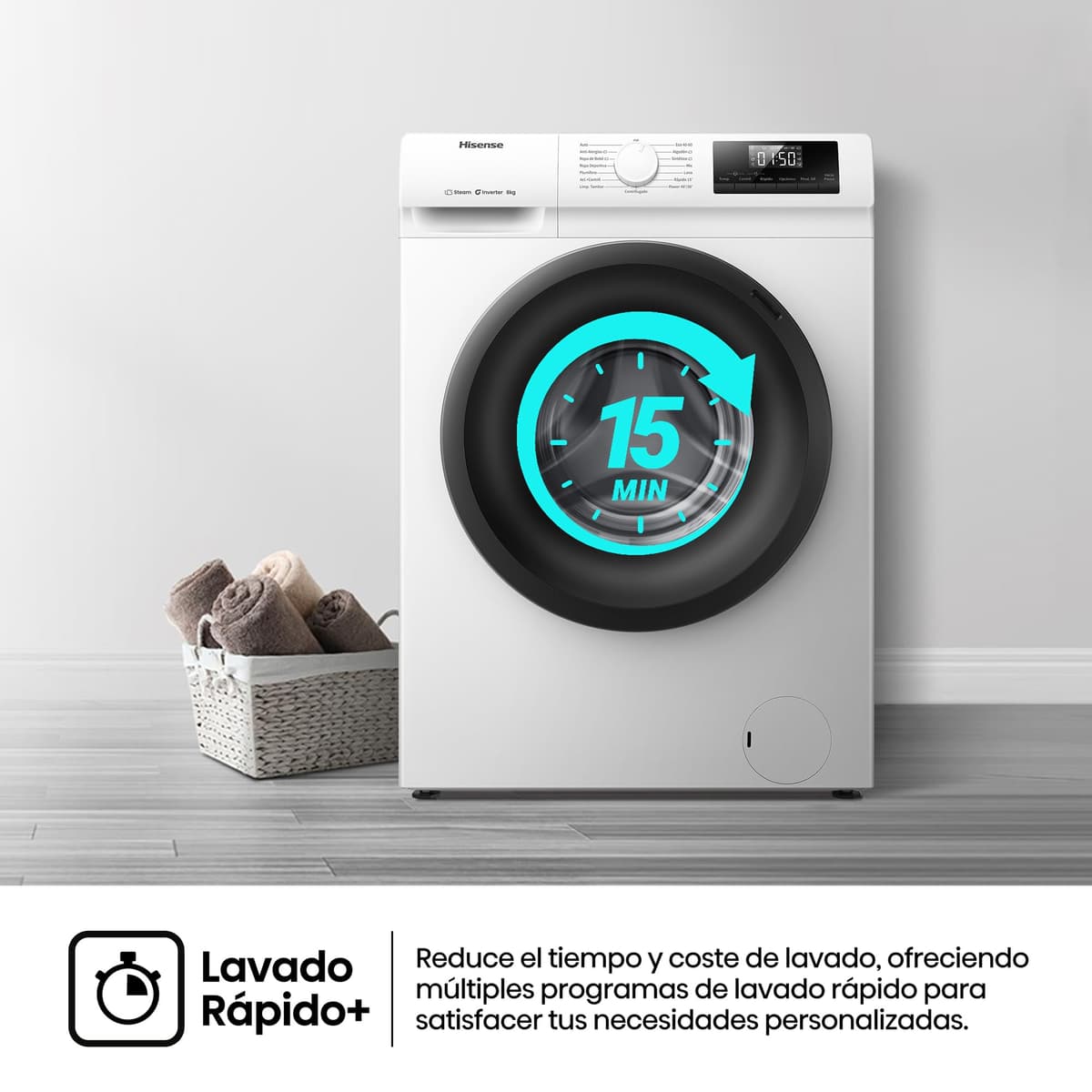 Hisense WF1Q8041BW2 - Lavadora, Clase A, 8 Kg, 1400 rpm, Alto 85 cm x Ancho 60 cm, Color Blanco, Función Vapor 99,9%, Lavado Rápido+, Lavado Automático, Finalización Diferida, Tecnología Inverter — view 7