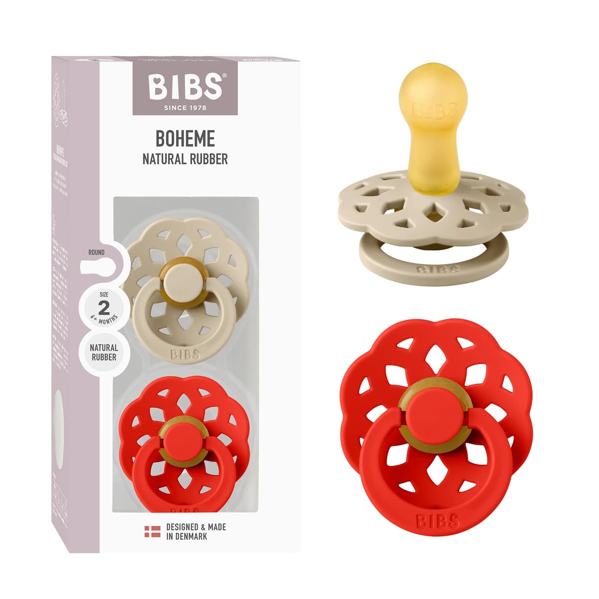 BIBS Boheme Soother 2-Pack. BPA Free. Round Nipple. Natural Rubber Latex, Made in Denmark. Size 2 (6-18 Months), Blossom/Dusky Lilac — view 34