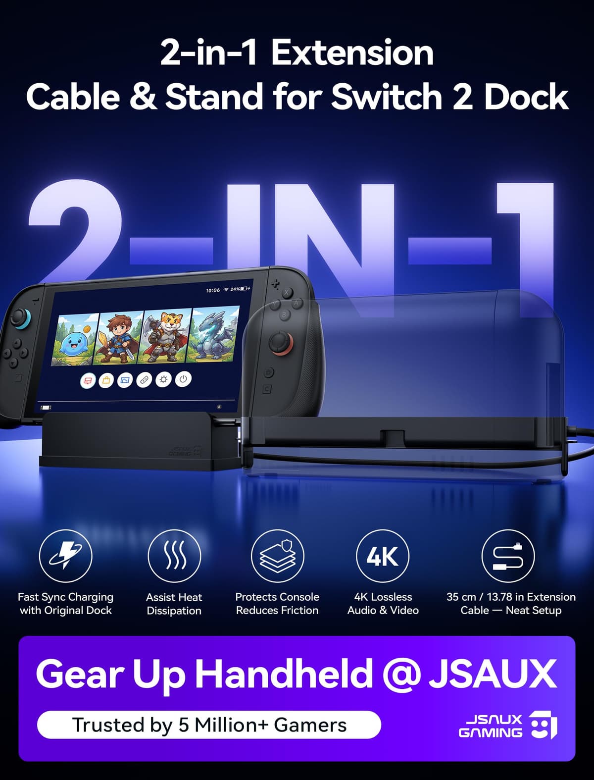 JSAUX Cable Extensor con Soporte para Dock de Switch 2, Extensión USB C de 35 cm, Carga Rápida y Datos 10 Gbps, Salida de Video 4K a 60 Hz, Función Dock 1:1, Ventilación Pasiva, para Fundas Gruesas — view 2