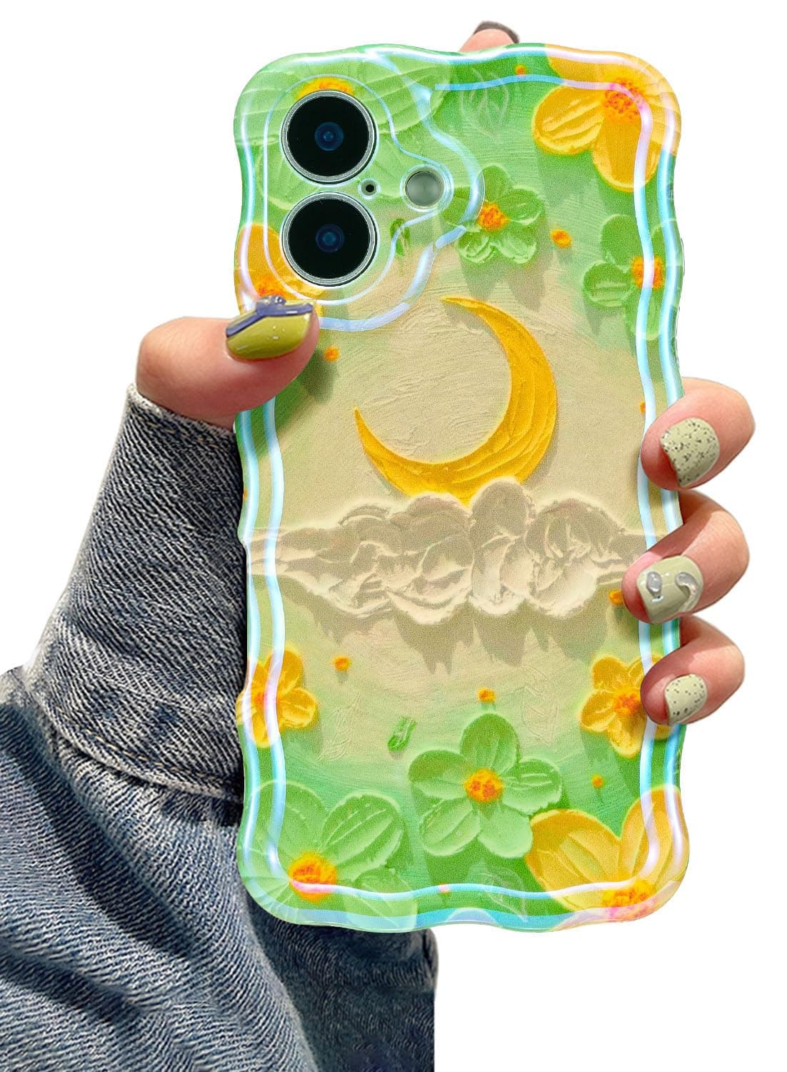 EYZUTAK Case for iPhone 17 Pro, Colorful Retro Oil Painting Printed Flower Laser Glossy Pattern Cute Curly Wave Edge Exquisite Phone Cover Stylish Durable TPU Protective Case for Girl Women-Green — view 113
