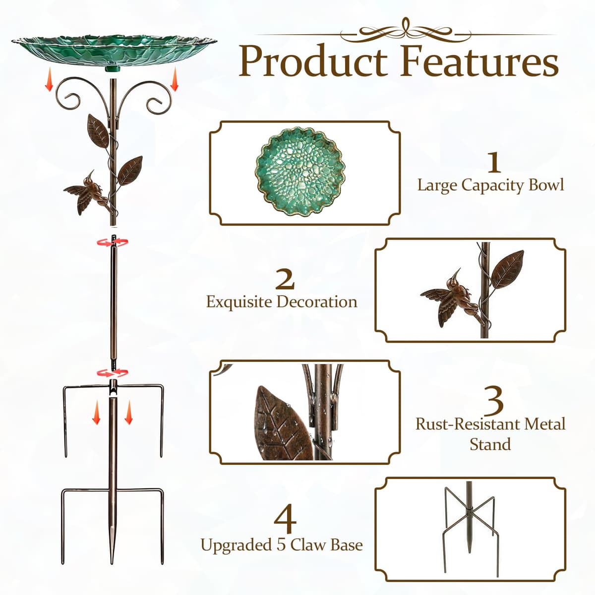30In Metal Bird Bath for Garden, Vintage Freestanding Birdbaths & Supports, Double Bowl 2-in-1 Bird Feeders Detachable Bird Bath Water Station for Outdoors Garden Patio Yard Lawn Decor — view 4