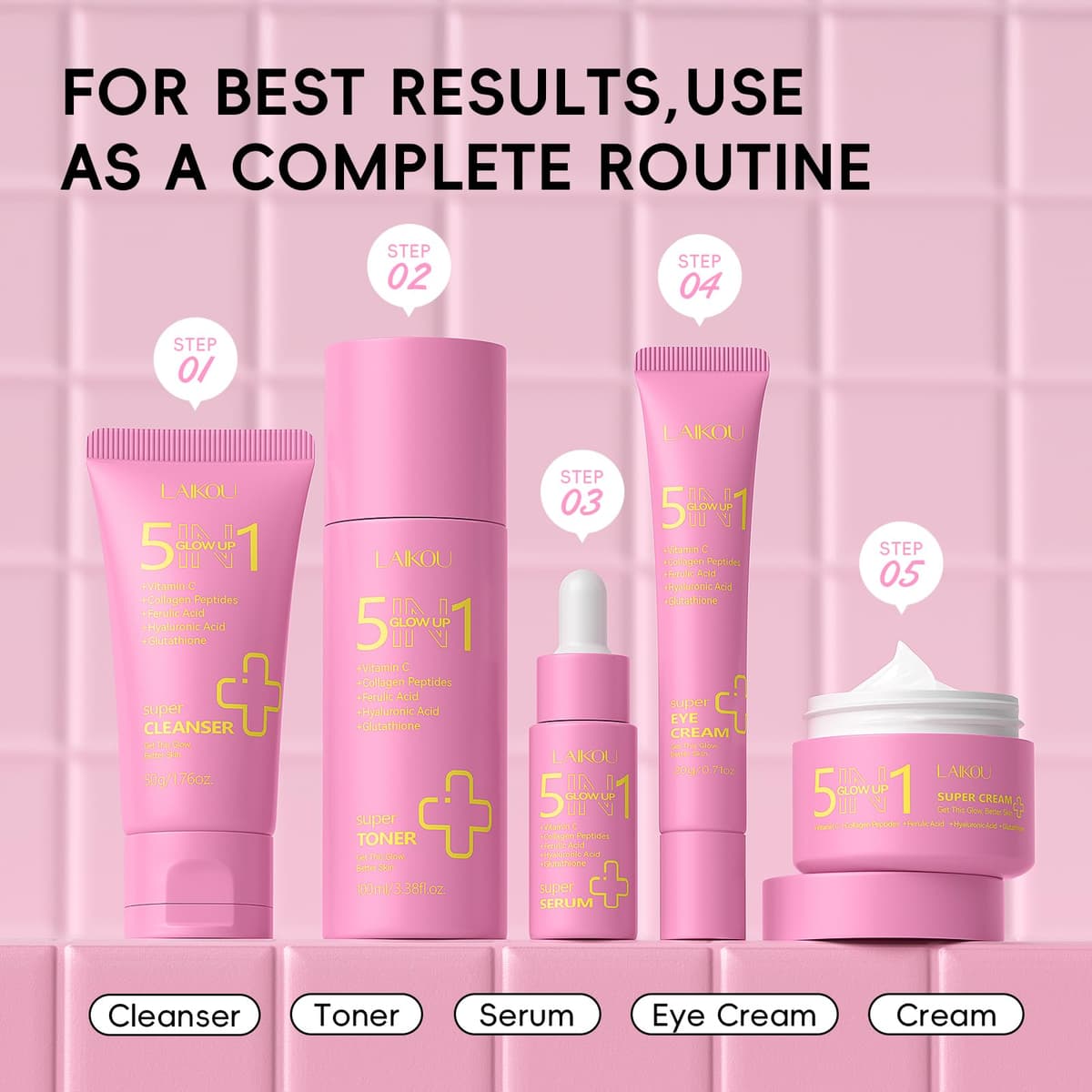 LAIKOU 5 in 1 Glow Up Skincare Set, 9 piezas Set Regalo Mujer Cuidado Facial, Rutina Diaria Facial Hidratante, ideal para San Valentín Día de la Madre y Cumpleaños — view 8