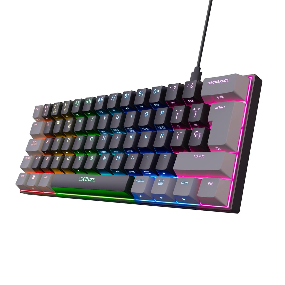 GXTrust 867 Acira Teclado Mecánico 60% Español QWERTY, Teclas de Doble Función, Iluminación RGB, Mini Teclado Gaming Compacto Programmable con Cable USB PC Portátil - Negro/Gris Mini (60%)