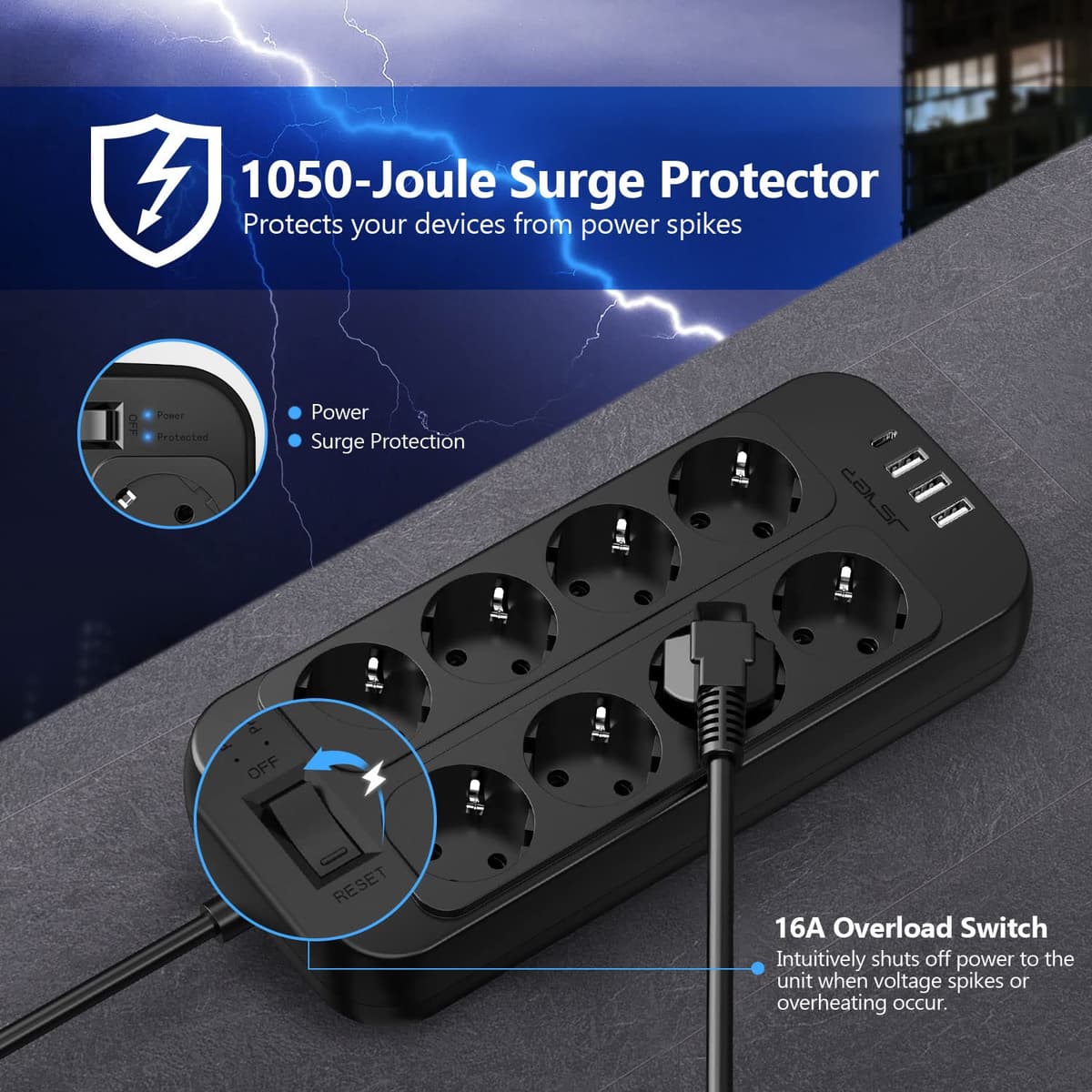 JSVER Regleta Enchufes USB, Proteccion Sobretension con 8 Toma de Corriente y 4 Puertos(5V3,4A) Estación de Carga Inteligente Tomas Alargadora con Cable 1.8m-Negro — view 4