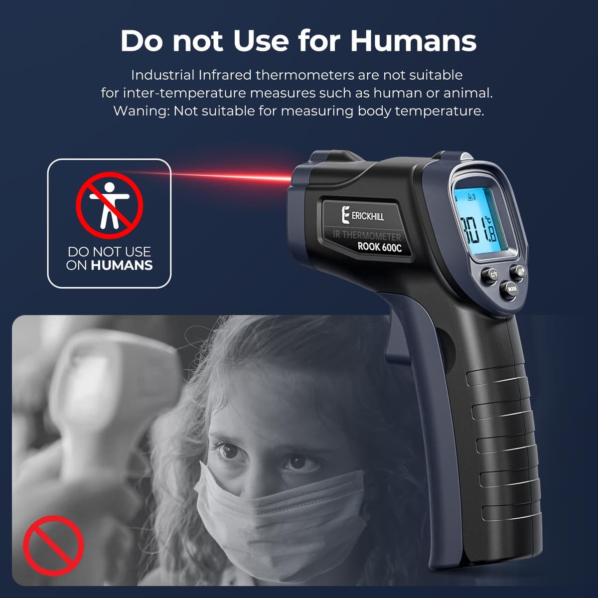 ERICKHILL Infrared Thermometer -50℃~600℃ Compact Size Non-Contact Laser Thermometer Gun LCD Backlit Digital Display Adjustable Emissivity - for Vehicle Repair/Cooking/BBQ/Freezer/Food, Black Blue — view 7