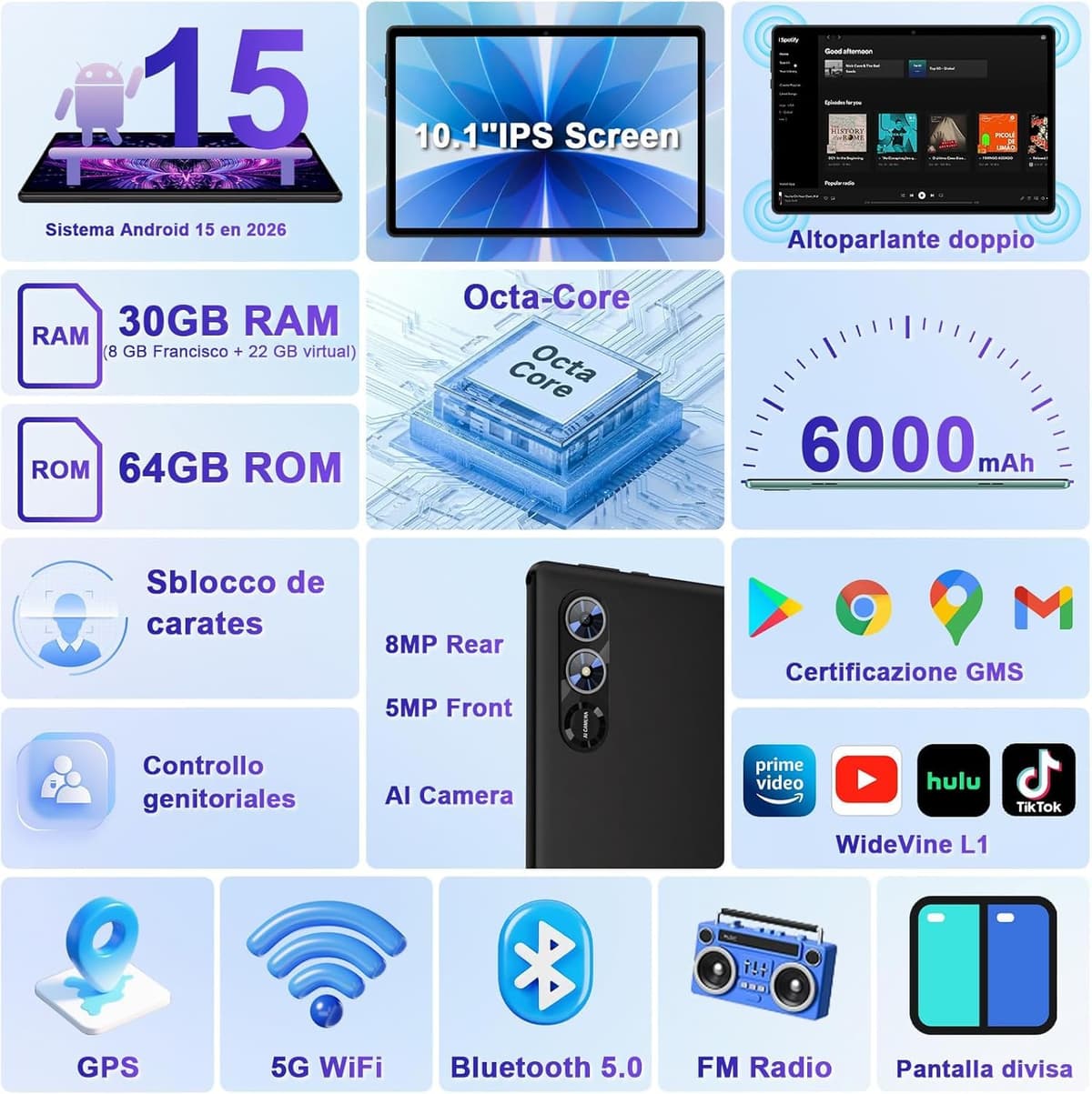 fezawio Android 15 Tablet 10 Pulgadas Gemini AI, Tablet PC Octa-Core, 30 GB RAM + 64 GB ROM (1TB TF), 3.5mm Audio/GMS/WiFi 6 & BT 5.0 / 6000mAh / GPS/Widevine L1, Tableta con Teclado-Negro — view 5