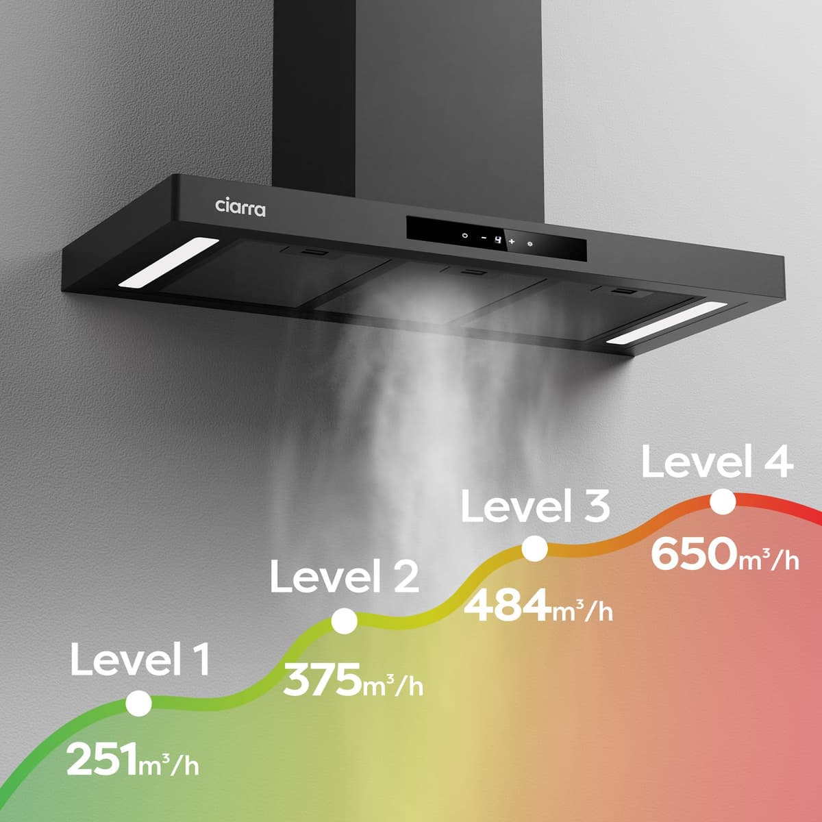 Ciarra 90cm Cooker Hood CBCB9102P Smart App WIFI Touch Control 650m³/h Recirculating&Ducting Wall Mount Hood Kitchen Extractor Fan 4-Speed with Booster Function Dimmable LED Lights — view 5