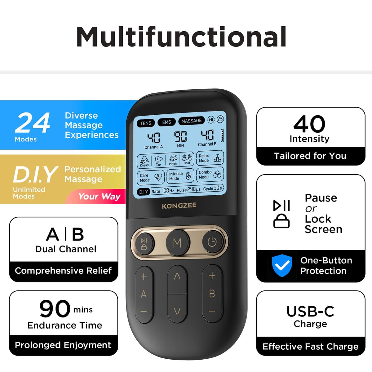 4 in 1 - D.I.Y & Tens Unit & EMS & Massage Muscle Stimulator, Dual Channel Therapy Machine for Pain Relief, FDA Cleared Rechargeable Electronic Pulse Massager,with 12pcs Electrode Pads — view 4