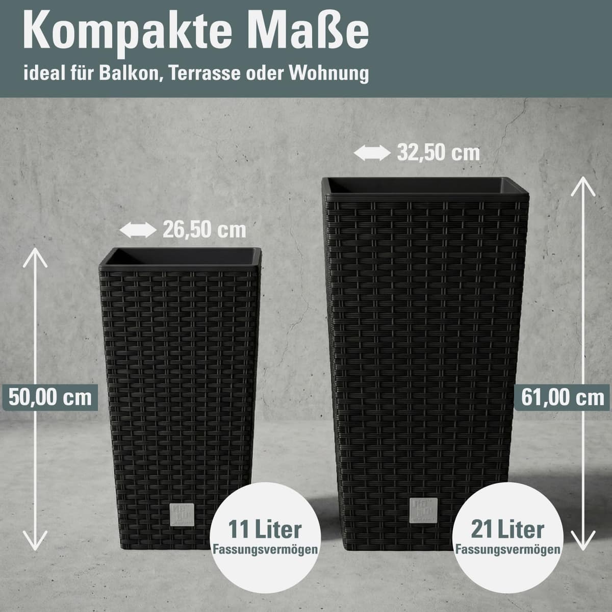 Macetero de ratán Prosperplast 26.6 L Sembradora de antracita Interior exterior con caja interior resistente a la intemperie, negro, 26.5 x 26.5 x 50 cm, DRTS265-S433 — view 3