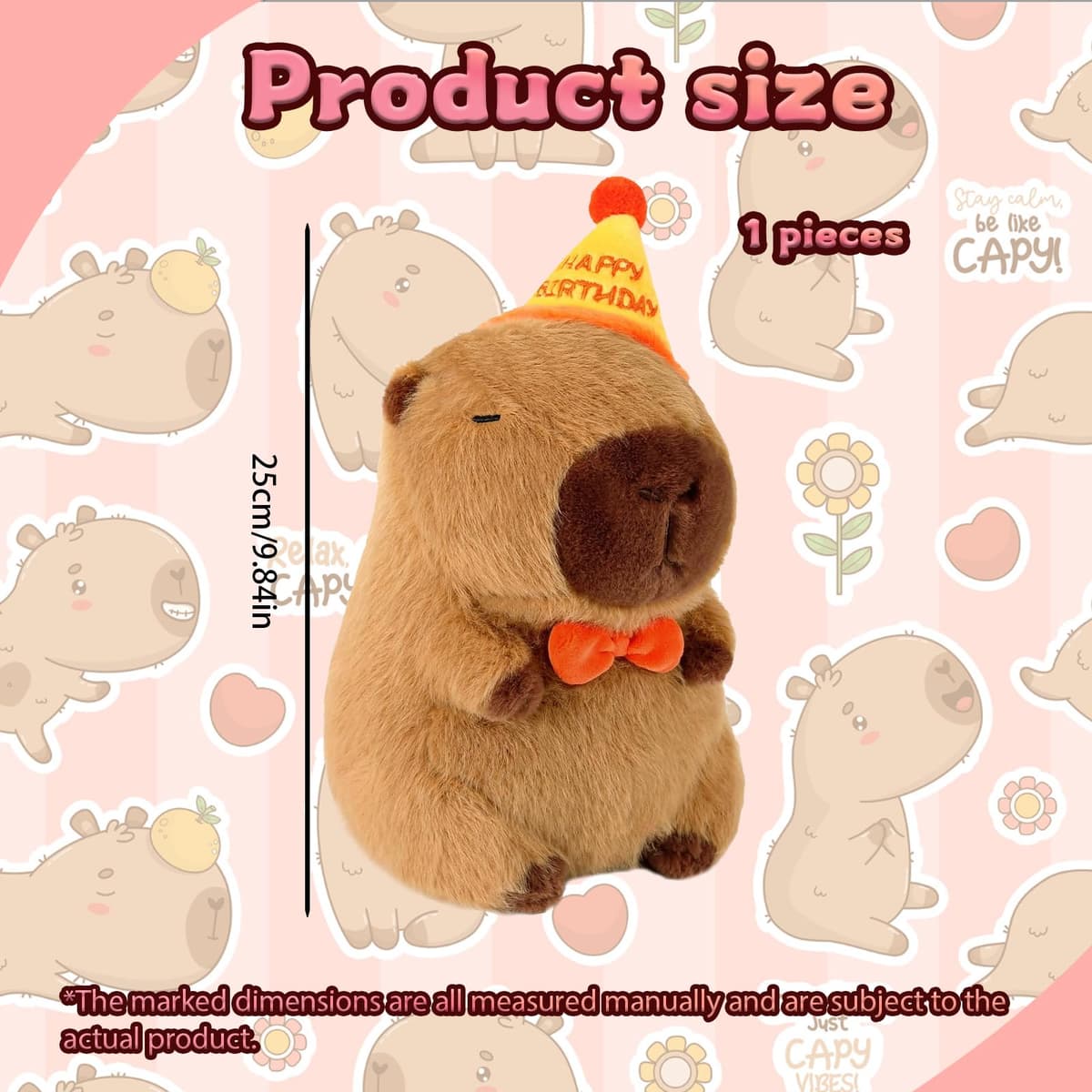 Capybara Plush 25cm Soft Stuffed Animal with Birthday Hat, Adorable Capybara Teddy Toy, Perfect Capybara Gift for Birthdays, Playtime, and Home Decoration — view 2